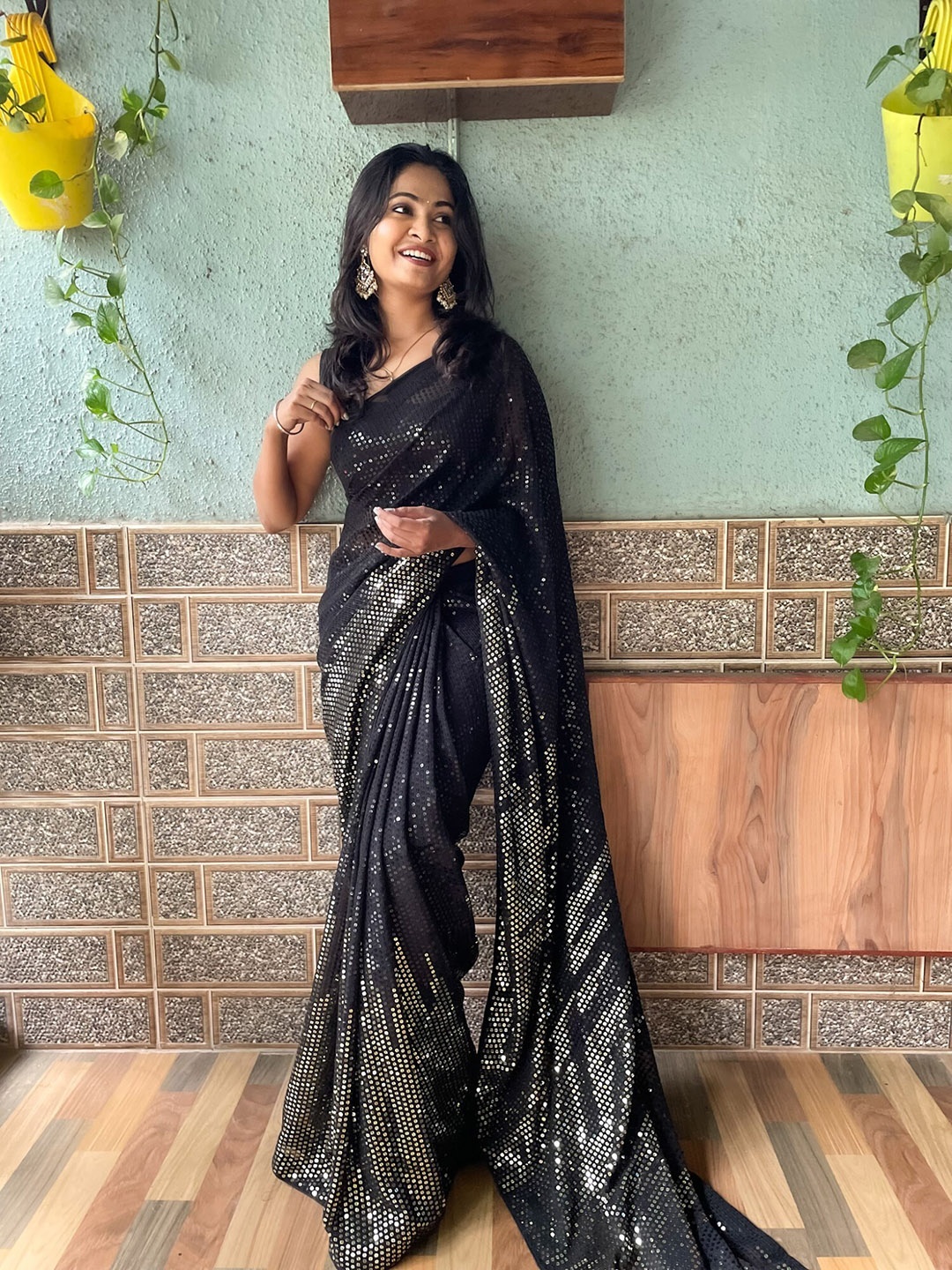 

Mitera Embellished Sequinned Poly Georgette Saree, Black