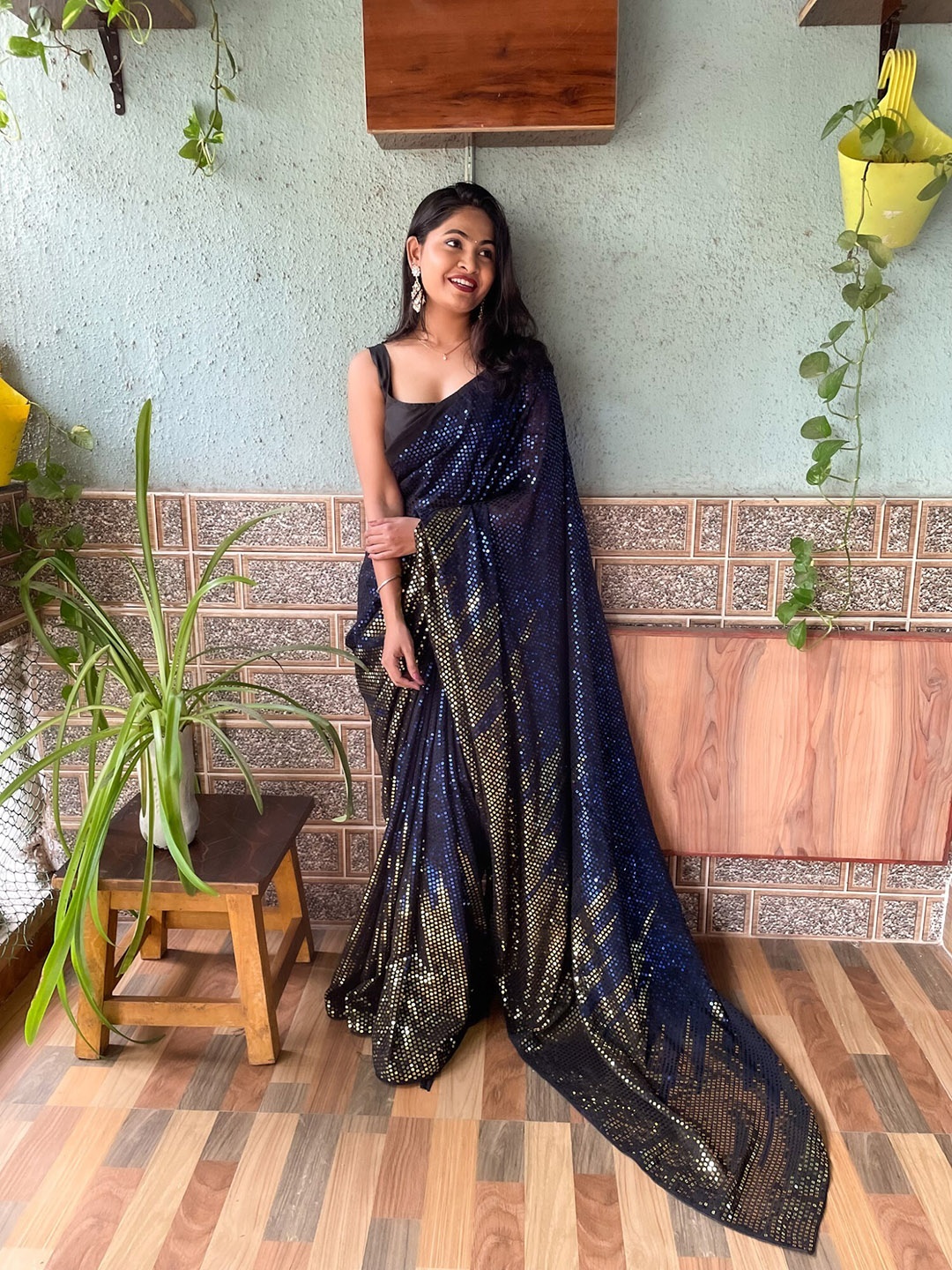 

Mitera Embellished Sequinned Poly Georgette Saree, Blue