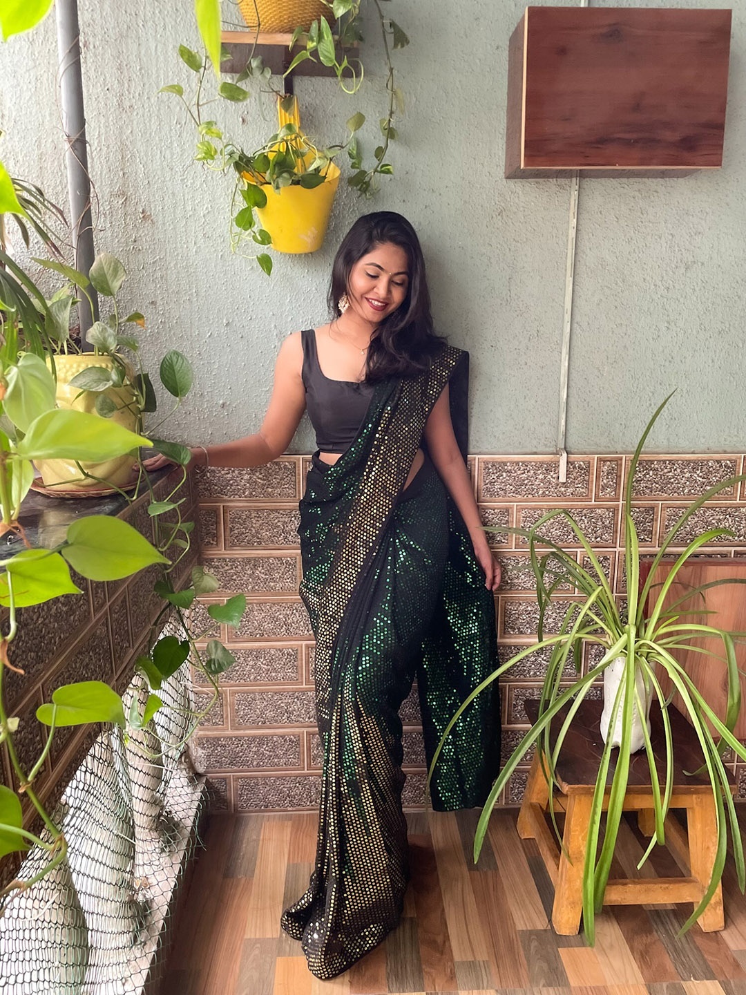 

Mitera Embellished Sequinned Poly Georgette Saree, Green