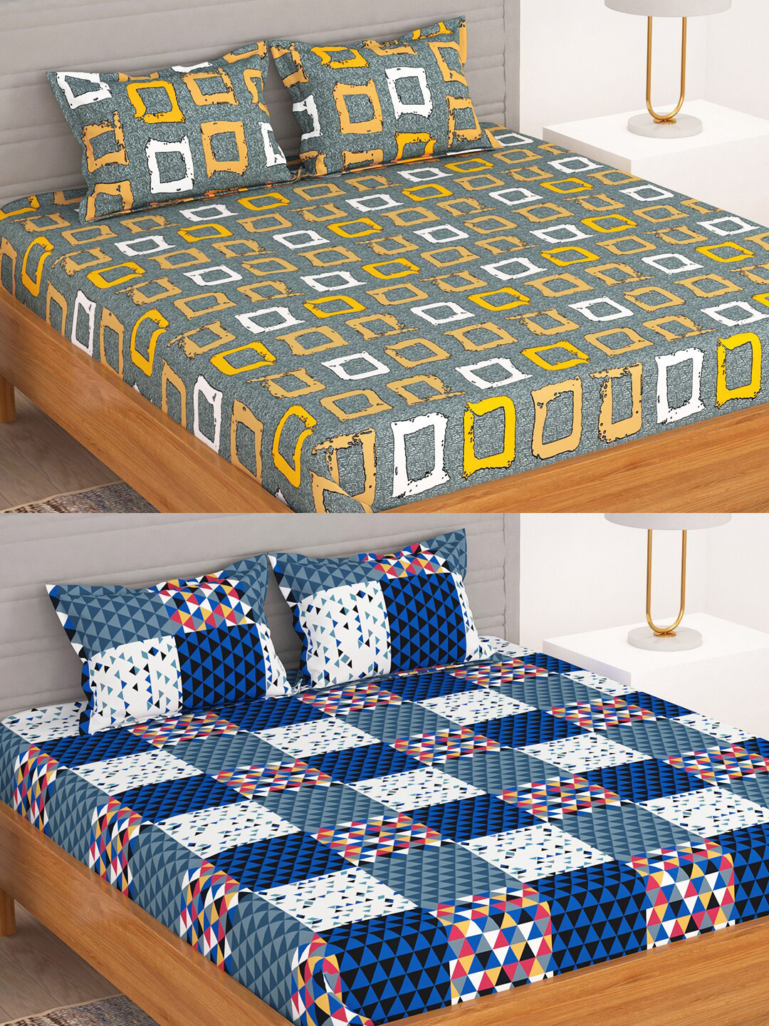 

Bedspun Blue & Grey Geometric 2 Pieces 150 TC Queen Bedsheet With 4 Pillow Covers
