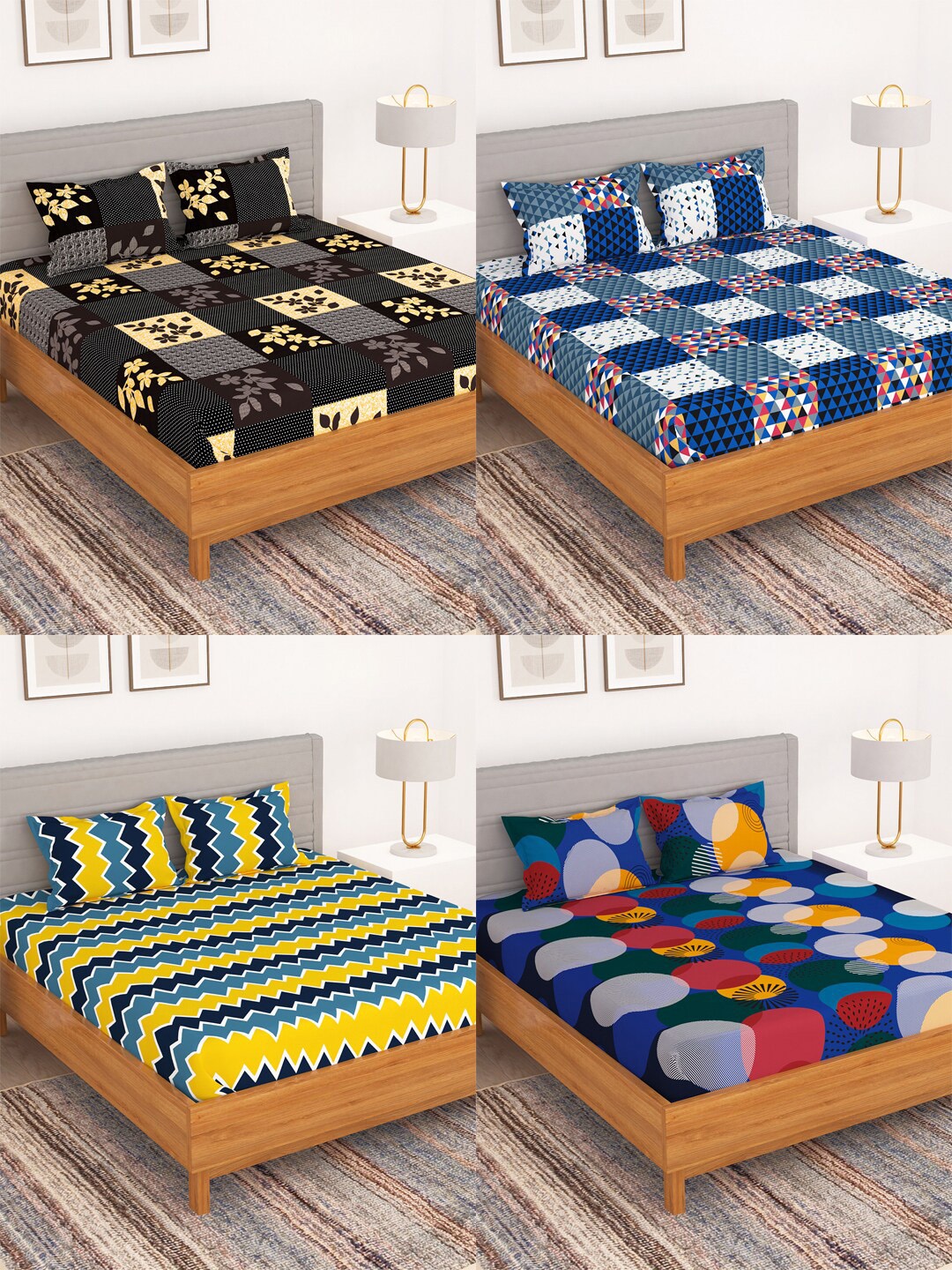 

Bedspun Black & Blue Geometric 150 TC 4 Pieces Queen Bedsheet With Pillow Covers