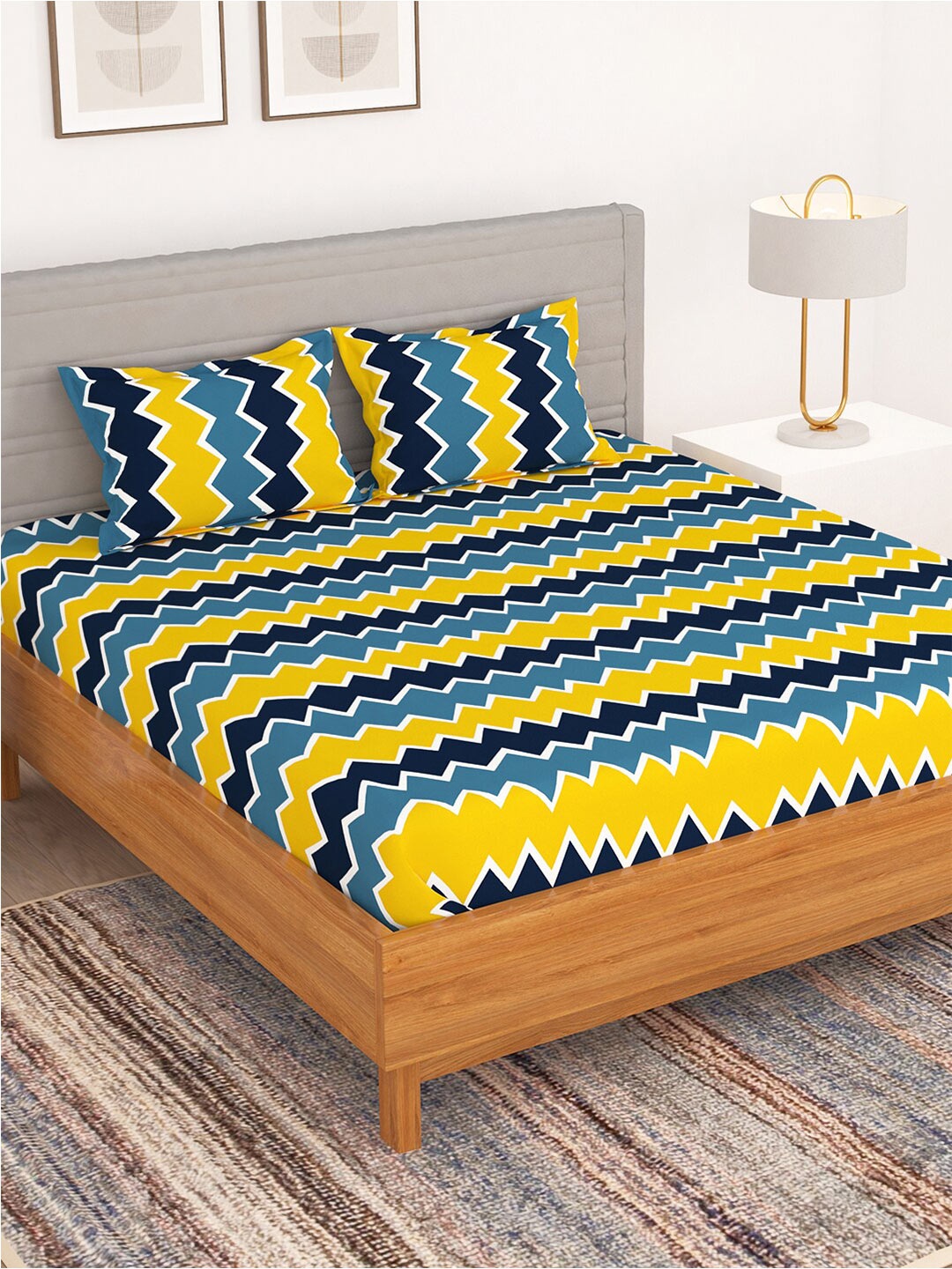 

Bedspun Blue & Yellow 150 TC Queen Bedsheet With 2 Pillow Covers