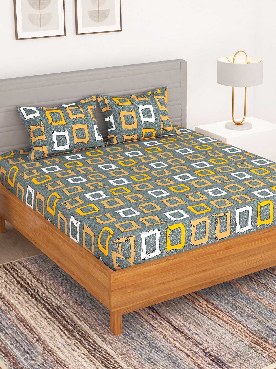 

Bedspun Grey & Yellow Geometric Flat 150 TC Queen Bedsheet With 2 Pillow Covers