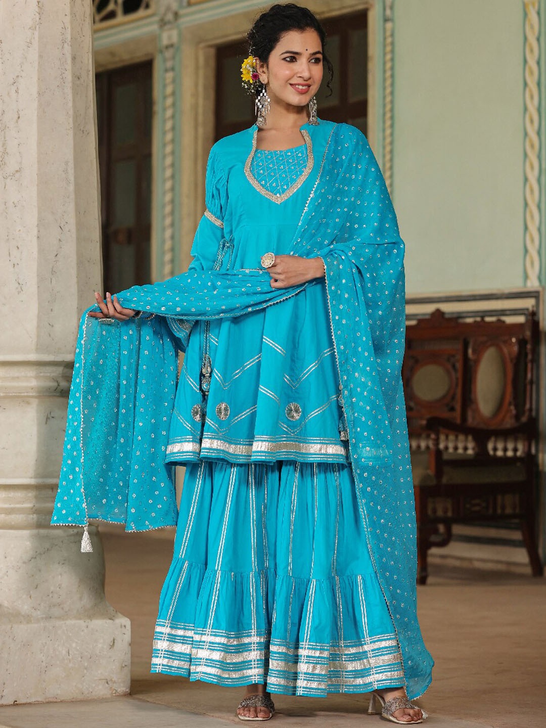 

EverBloom Geometric Embroidered Gotta Patti Pure Cotton Kurta with Sharara & Dupatta, Blue