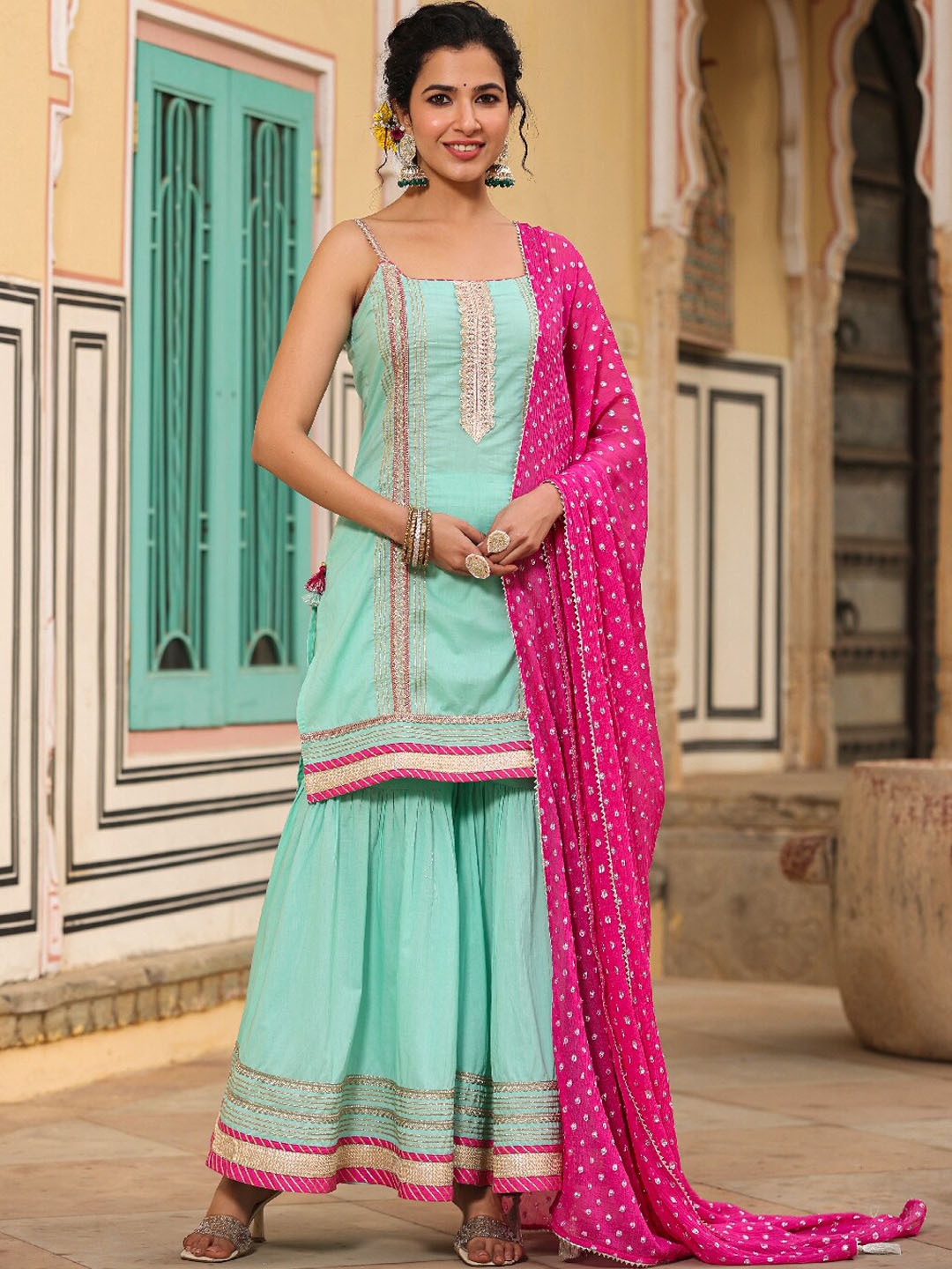 

EverBloom Embroidered Gotta Patti Panelled Pure Cotton Kurti with Sharara & Dupatta, Sea green