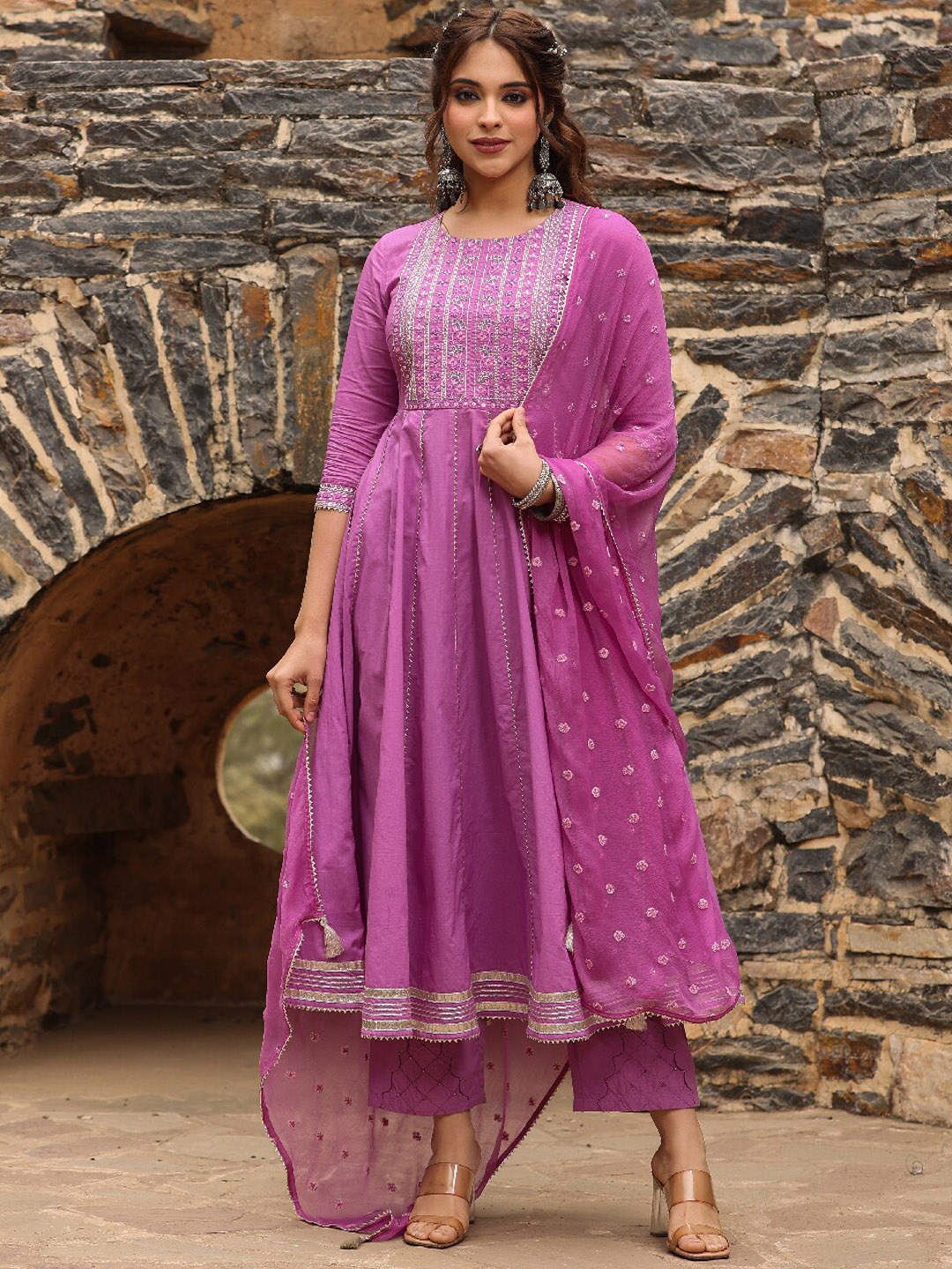 

EverBloom Embroidered Gotta Patti Pure Cotton Kurta with Trousers & Dupatta, Purple