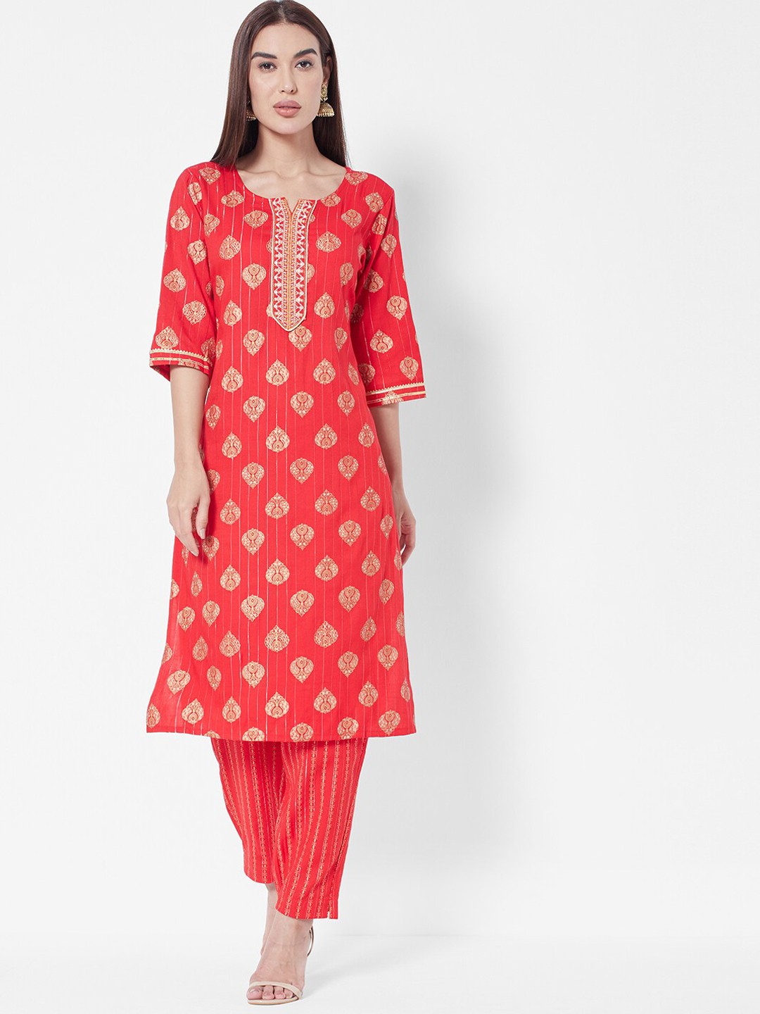 

Vedic Ethnic Motifs Printed Cotton Kurta With Trousers, Red
