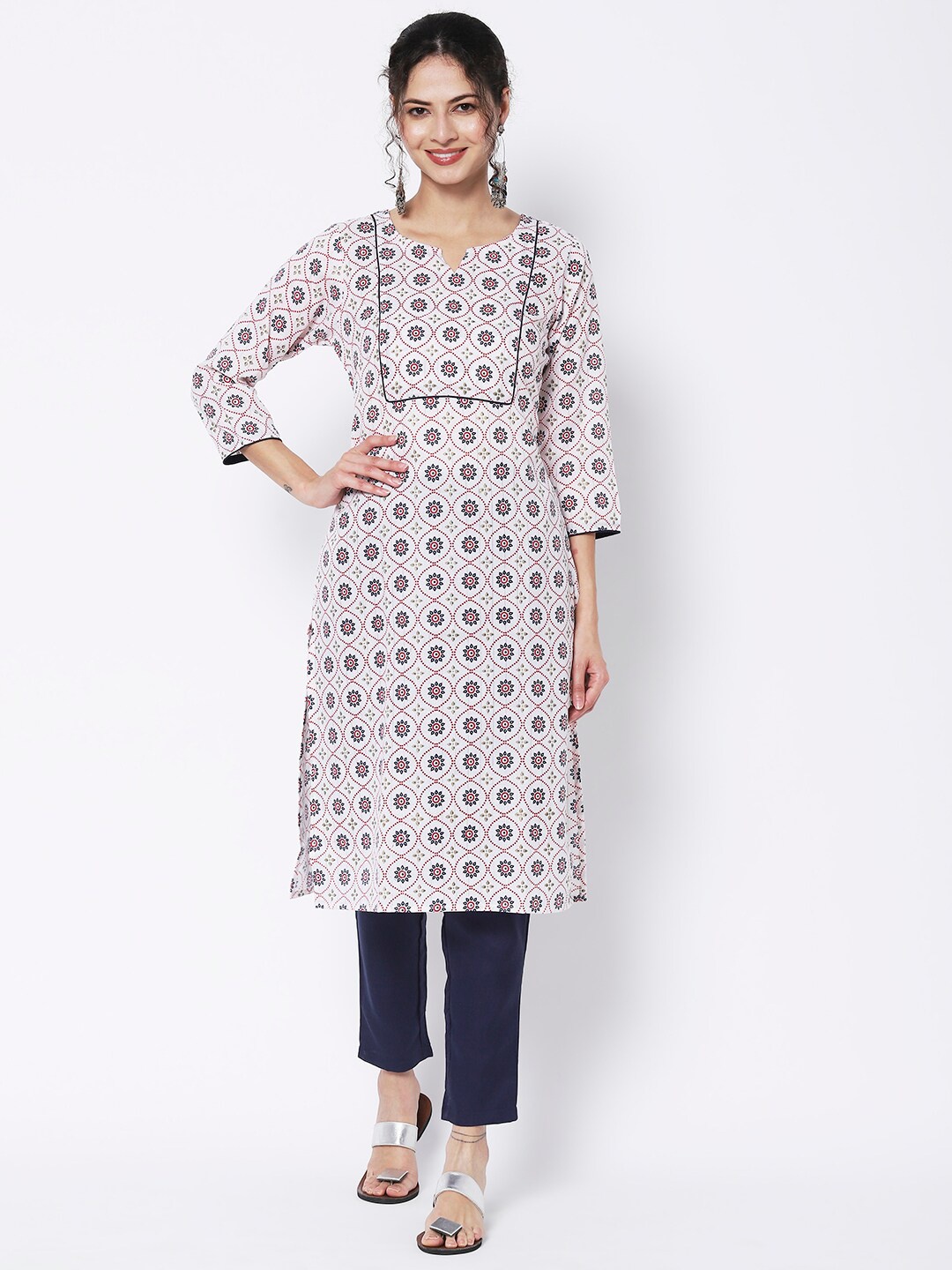 

Vedic Floral Printed Pure Cotton Kurta With Trousers, White