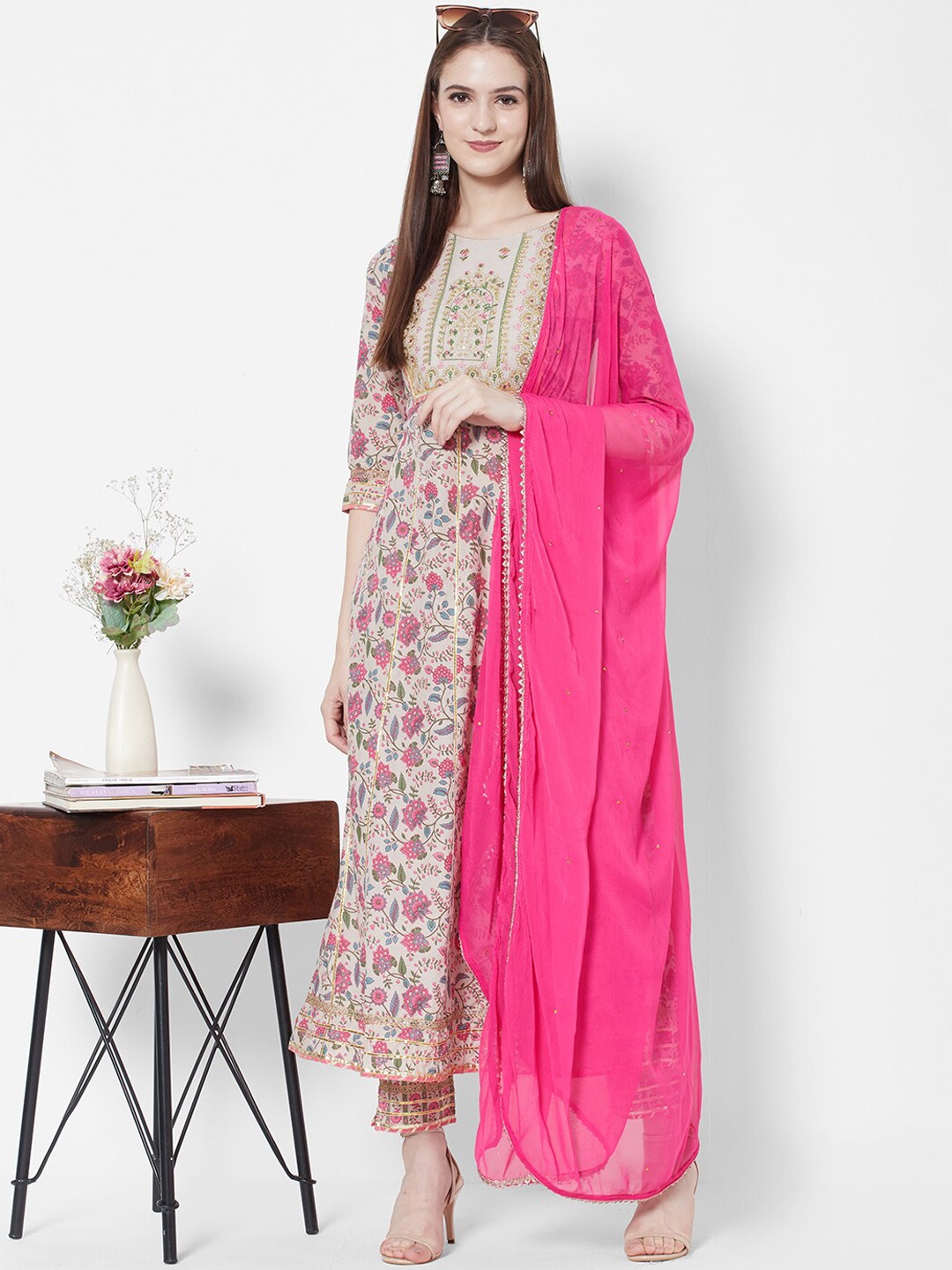 

Vedic Floral Printed Pure Cotton Anarkali Kurta With Trousers & Dupatta, Pink