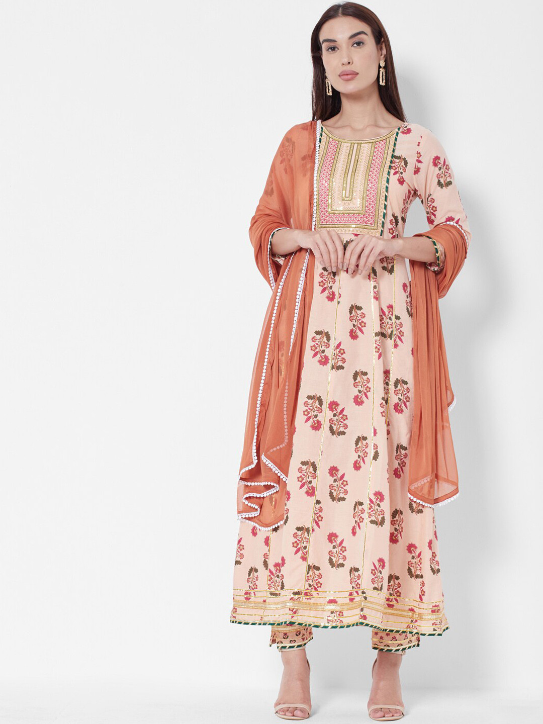 

Vedic Ethnic Motifs Printed Regular Thread Work Pure Cotton Kurta With Trousers & Dupatta, Peach
