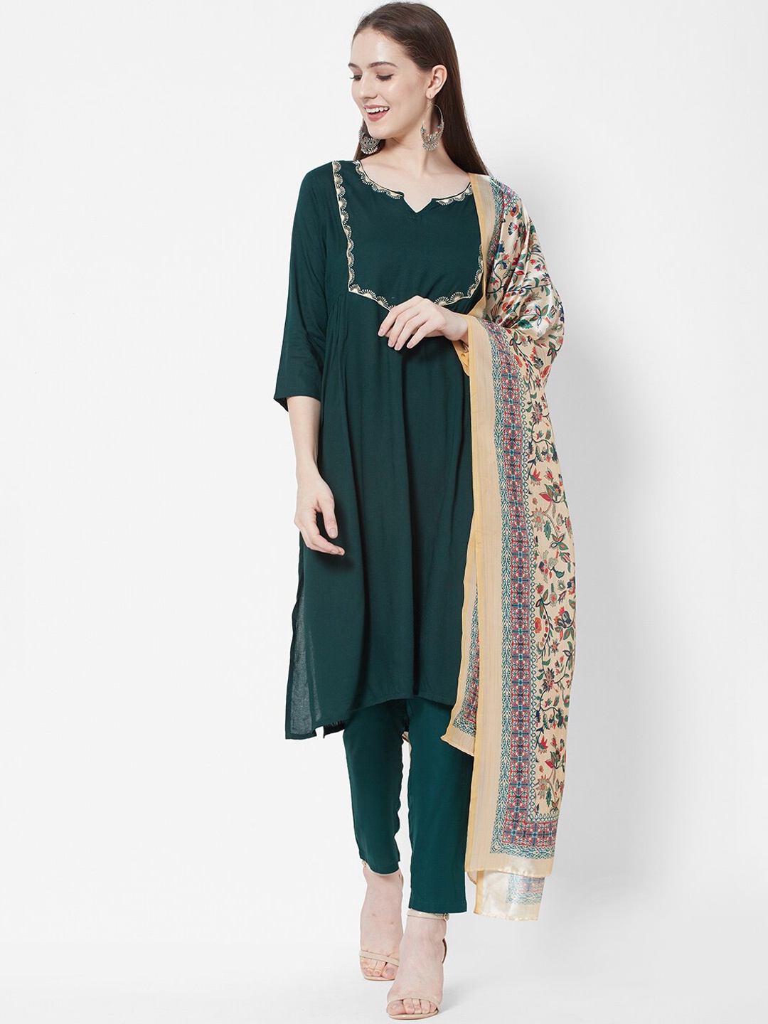 

Vedic Floral Yoke Design Thread Work Kurta With Trousers & Dupatta, Green
