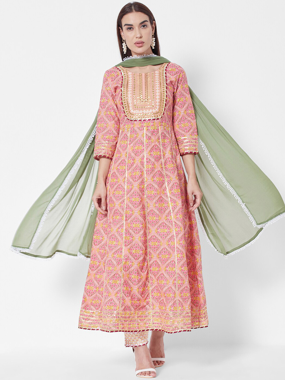 

Vedic Motifs Printed Pure Cotton Kurta With Trousers & Dupatta, Peach