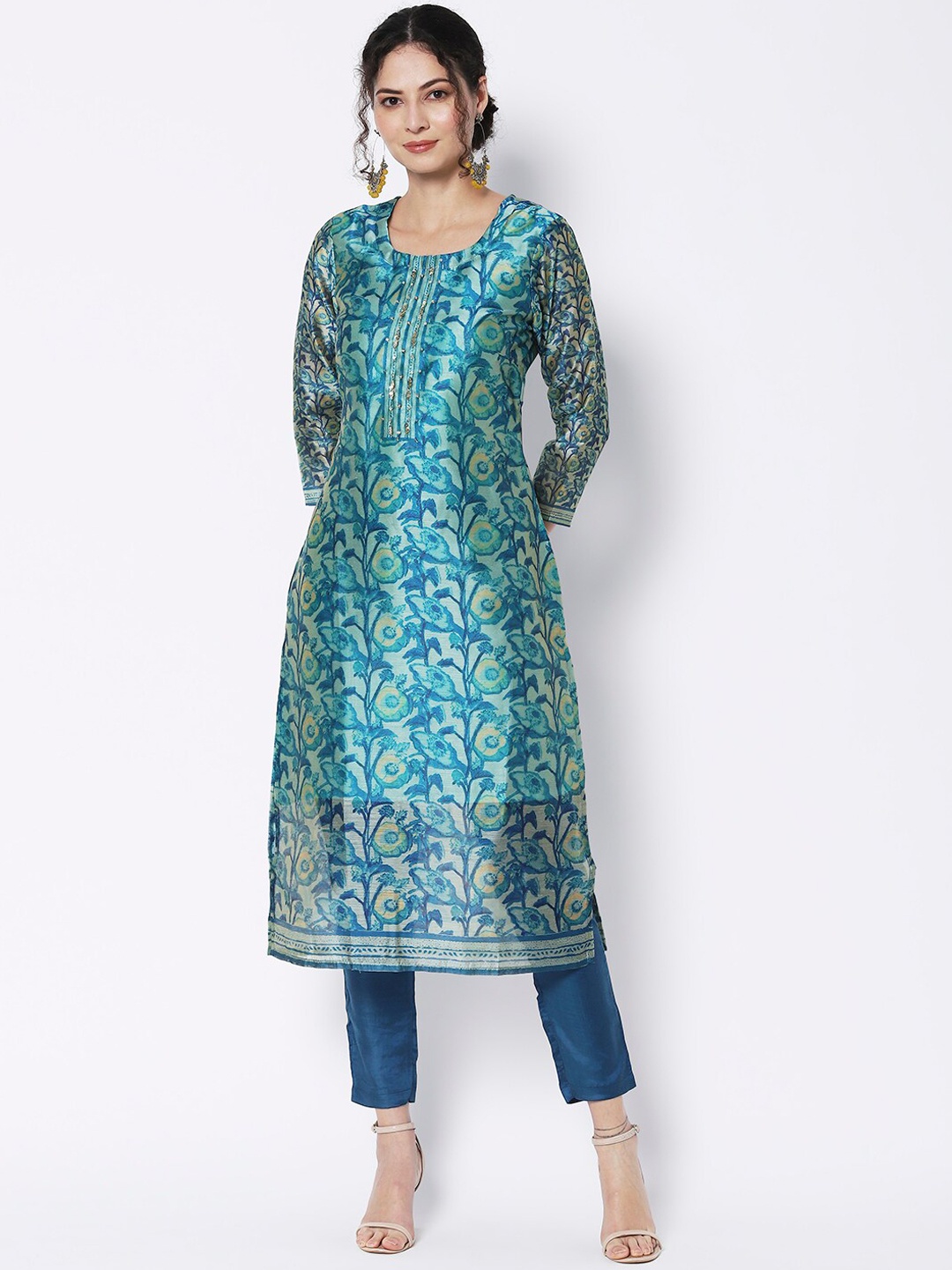 

Vedic Floral Printed Chanderi Silk Kurta With Trousers & Dupatta, Blue