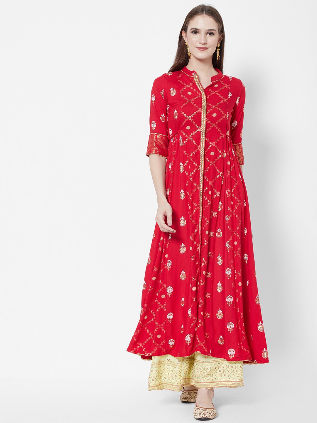 

Vedic Ethnic Motifs Printed Pleated Gotta Patti Kurta With Trousers, Red