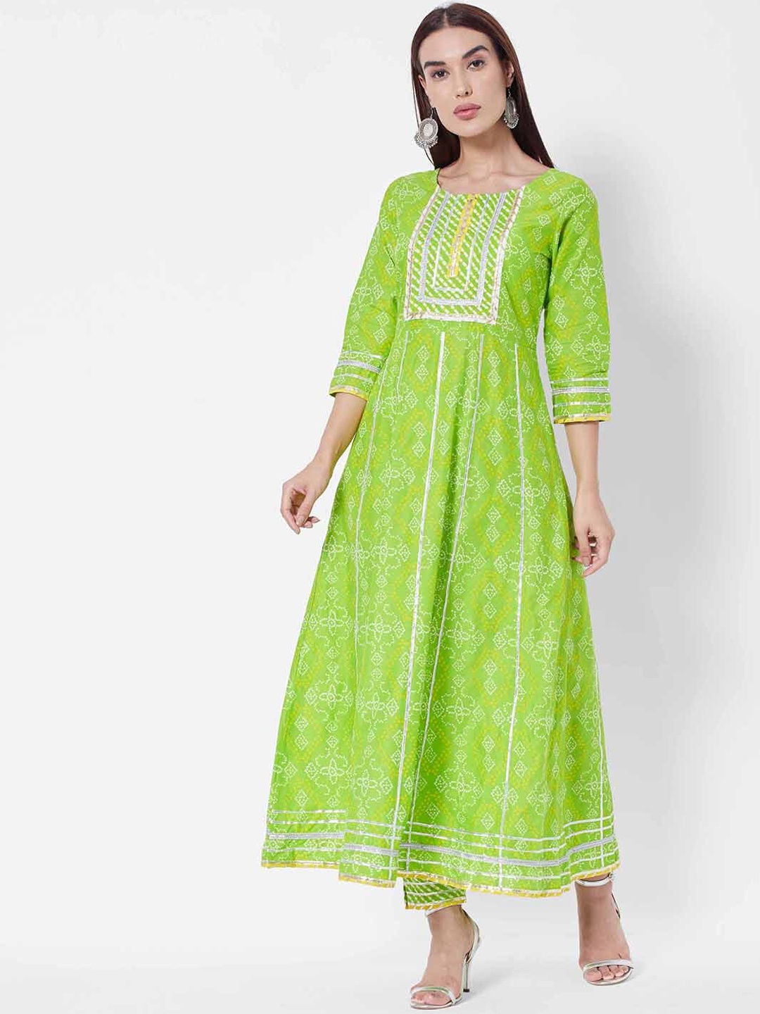 

Vedic Bandhani Printed Thread Work Pure Cotton Kurta With Trousers & Dupatta, Green