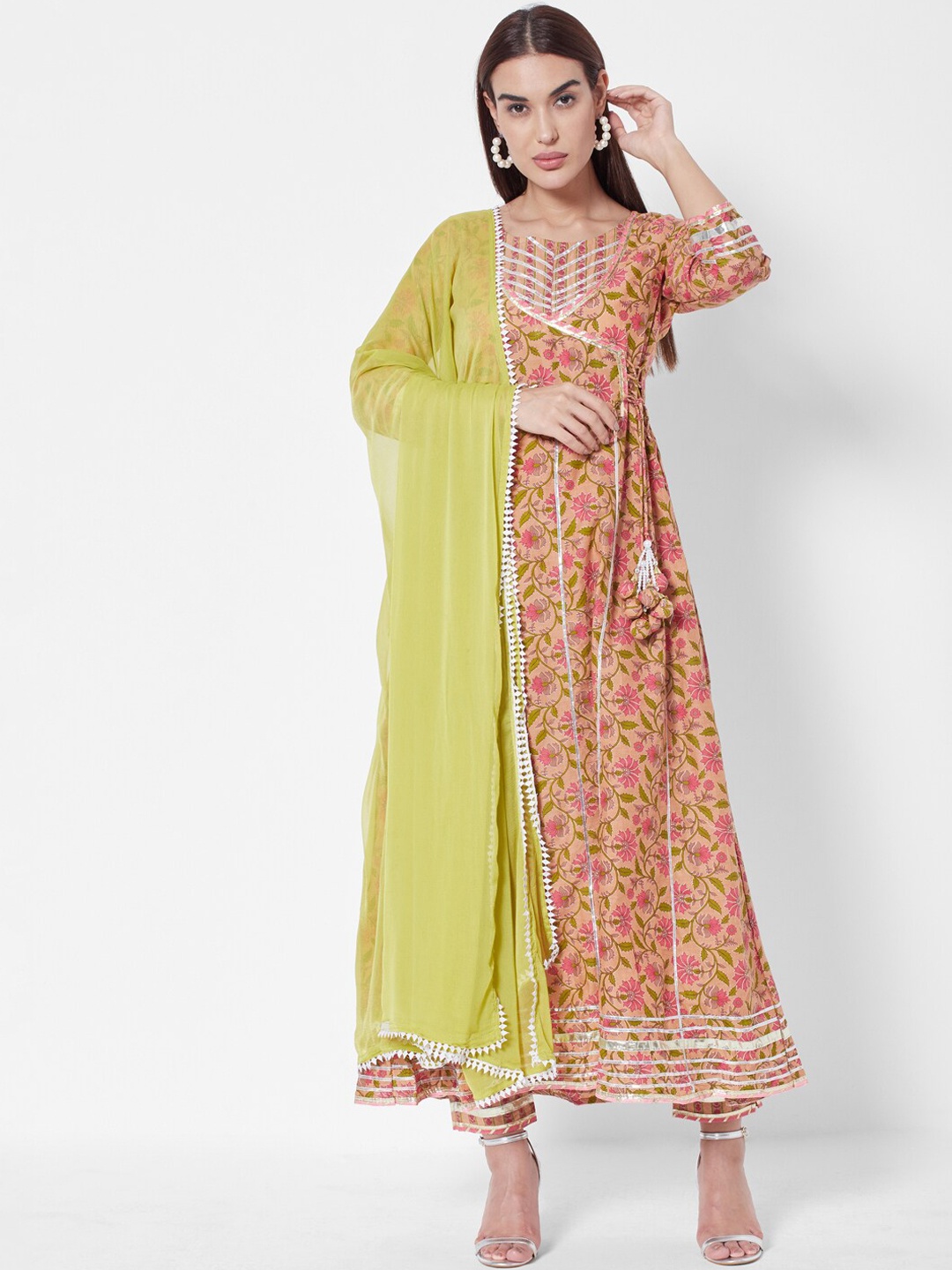 

Vedic Ethnic Motifs Printed Gotta Patti Pure Cotton Kurta with Trousers & With Dupatta, Pink