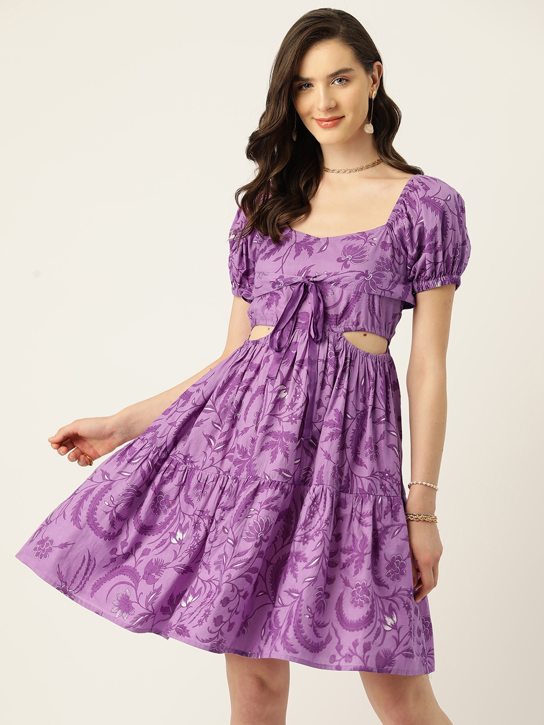 

Antheaa Floral Print Puff Sleeve Cotton A-Line Dress, Purple