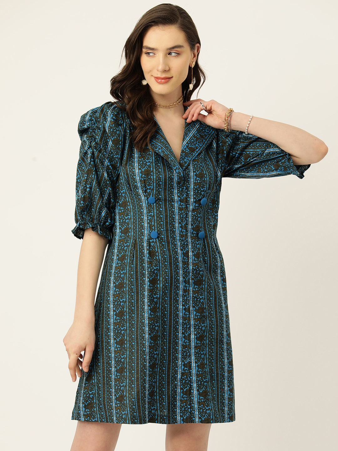 

Antheaa Floral Print Puff Sleeve A-Line Dress, Blue