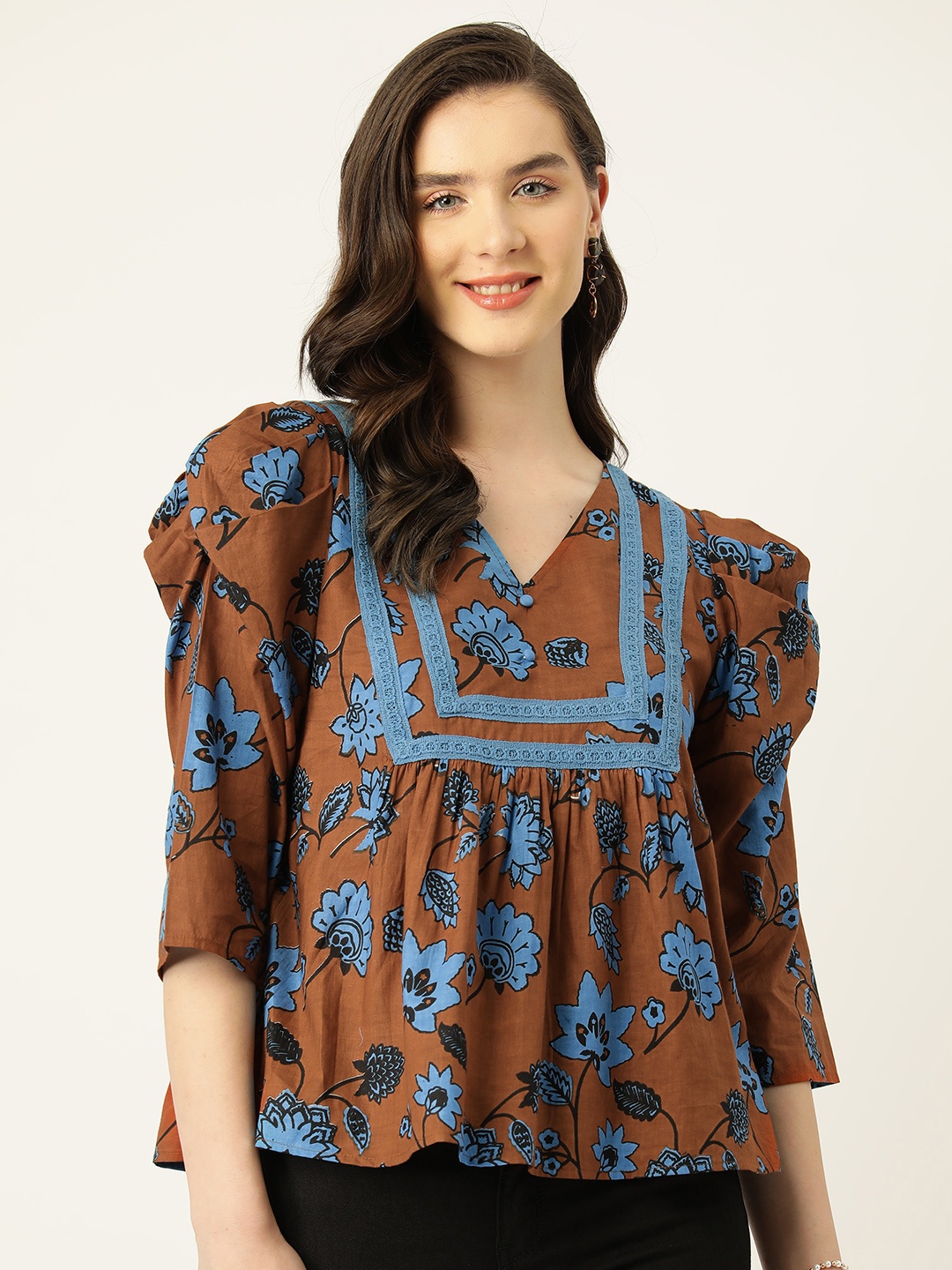 

Antheaa Floral Print Puff Sleeve Cotton Top, Brown