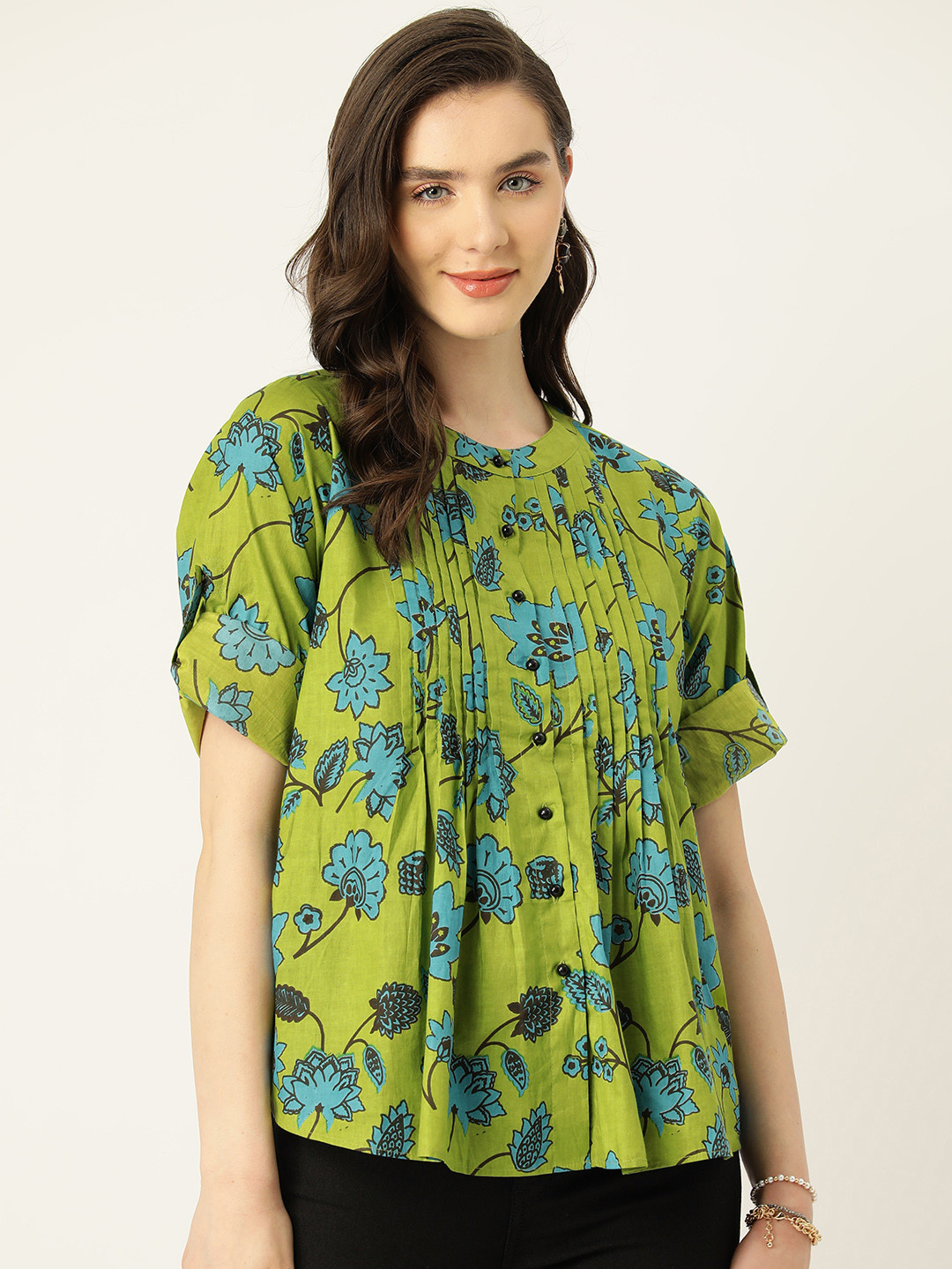

Antheaa Floral Print Roll-Up Sleeves Cotton Top, Green