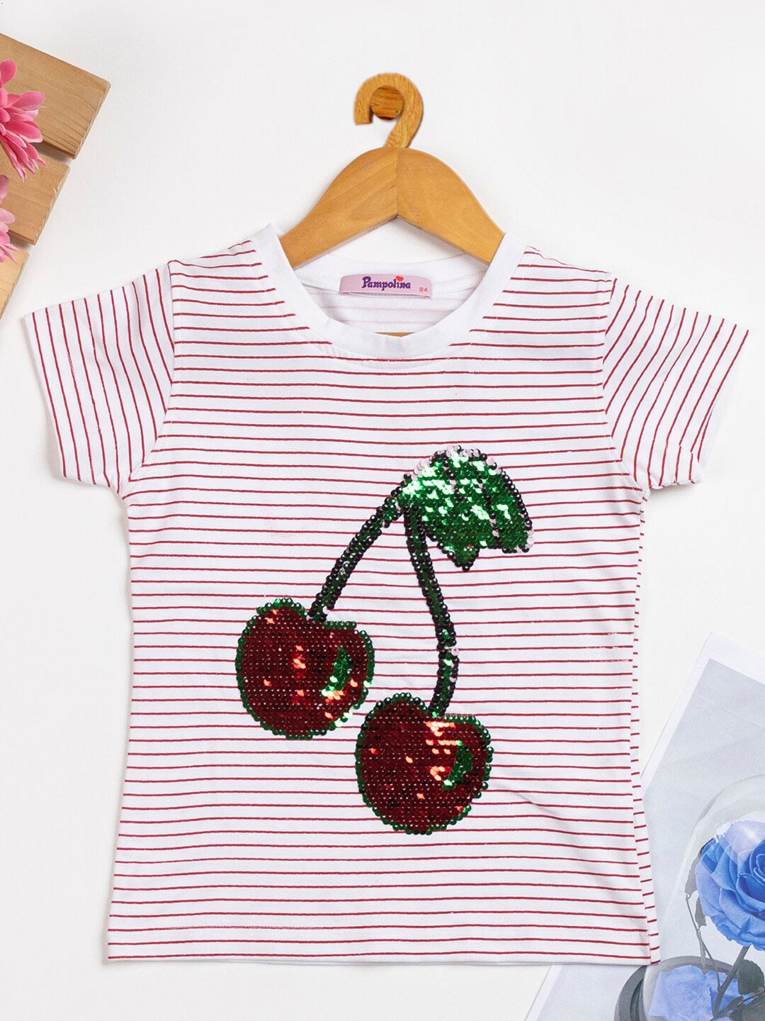 

PAMPOLINA Girls Striped Round Neck Embellished Cotton T-Shirt, White