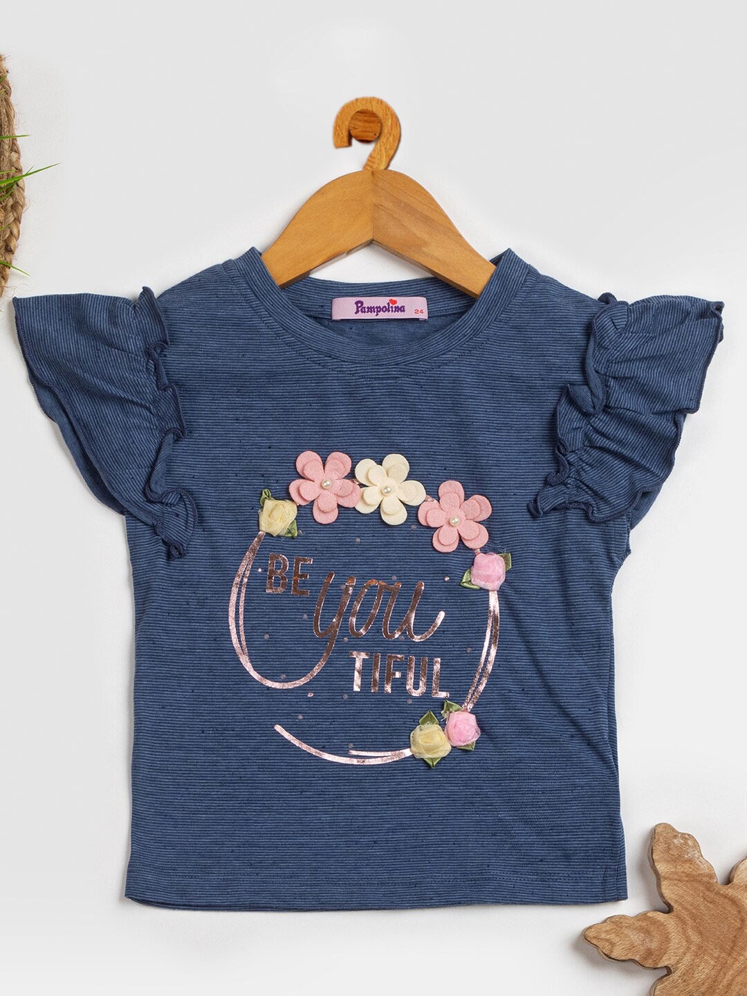 

PAMPOLINA Typography Printed Flutter Sleeve Cotton Top, Navy blue