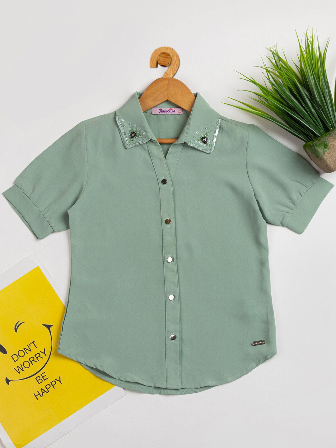 

PAMPOLINA Sequined Shirt Style Top, Green