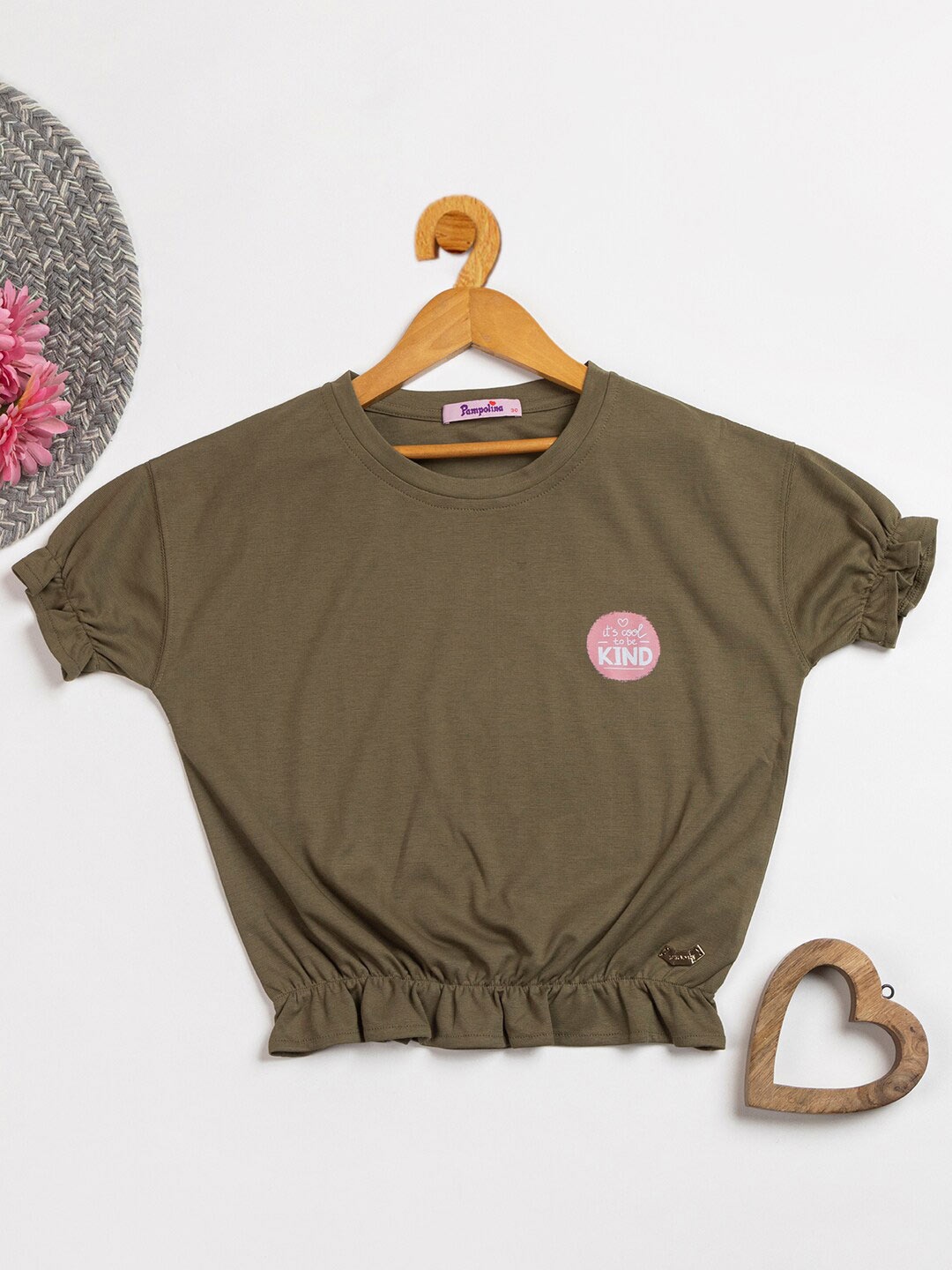 

PAMPOLINA Girls Puff Sleeve Cotton Blouson Top, Olive