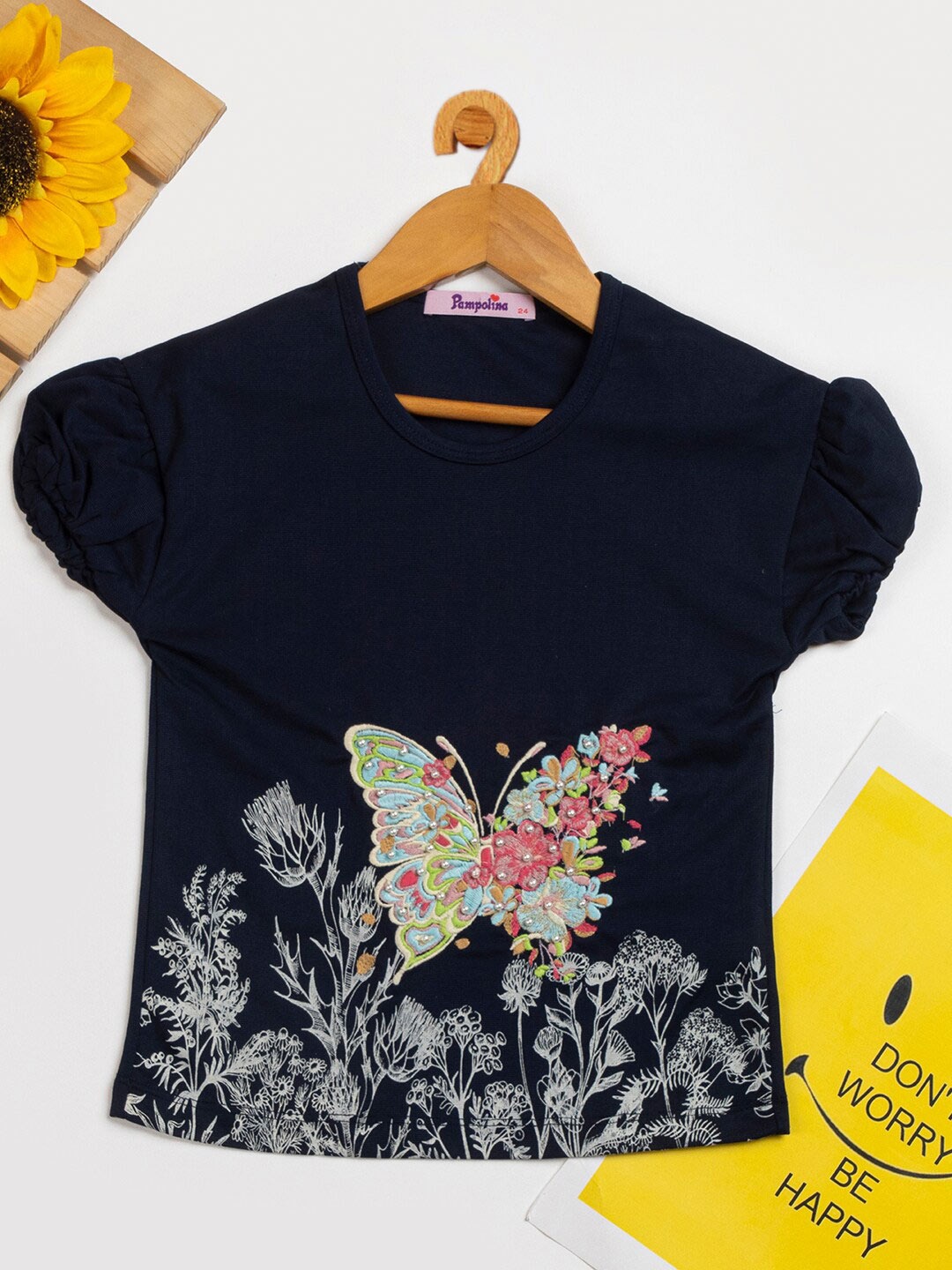 

PAMPOLINA Girls Graphic Embroidered Puff Sleeves Cotton Top, Navy blue