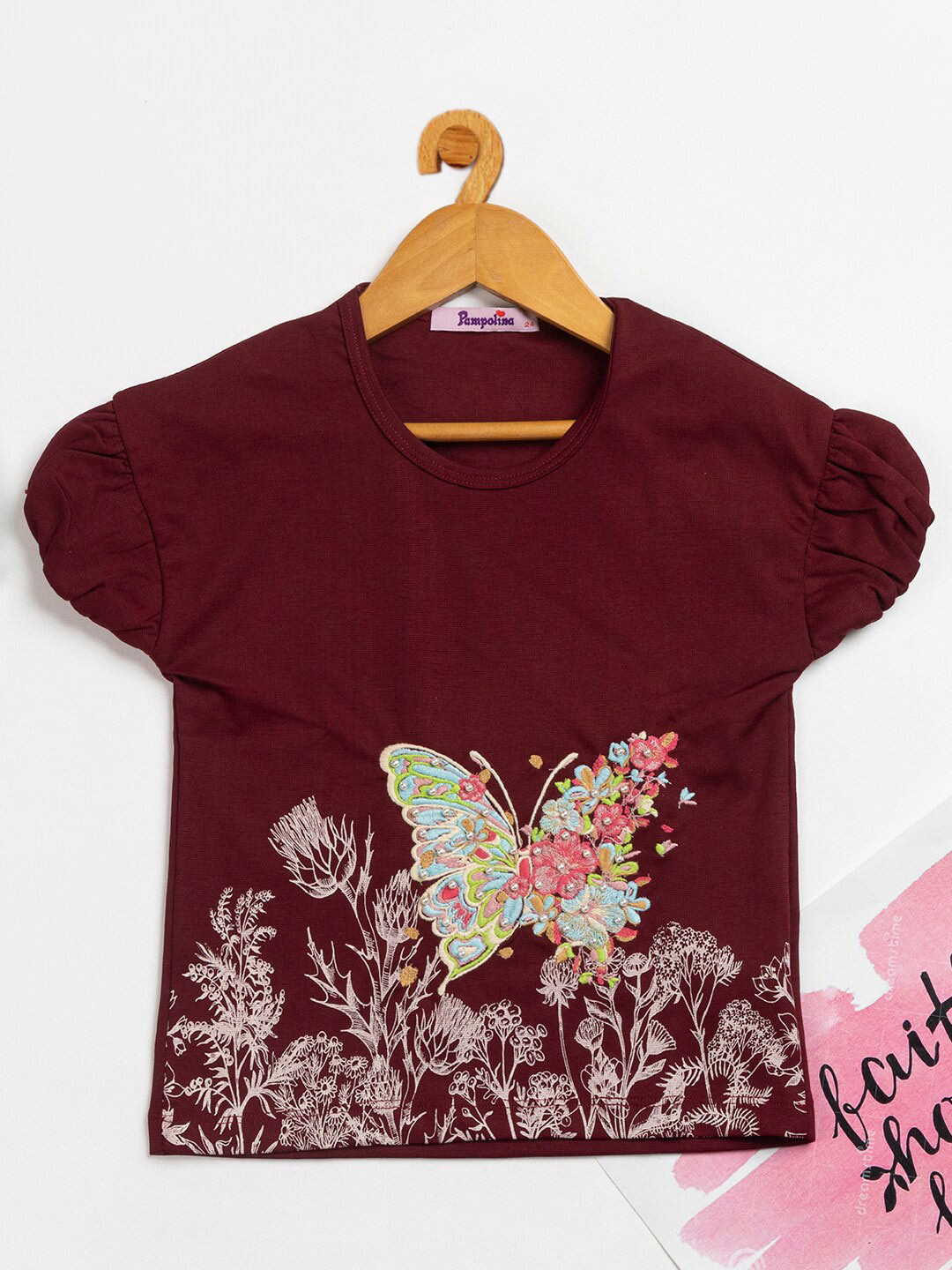 

PAMPOLINA Girls Floral Printed Puffed Sleeves Embroidered Cotton Top, Maroon