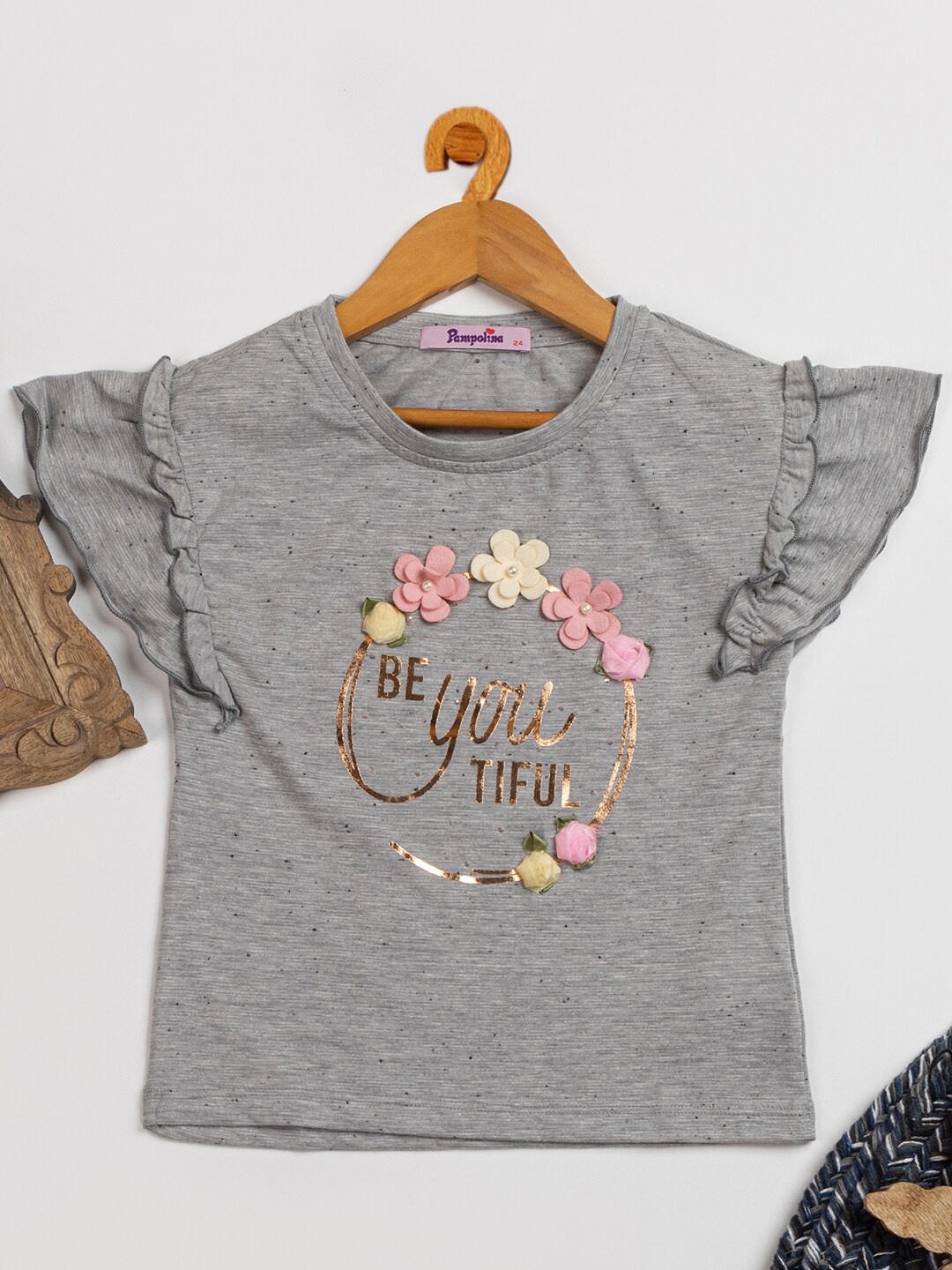 

PAMPOLINA Girls Typography Printed Flutter Sleeve Cotton T-Shirt, Grey