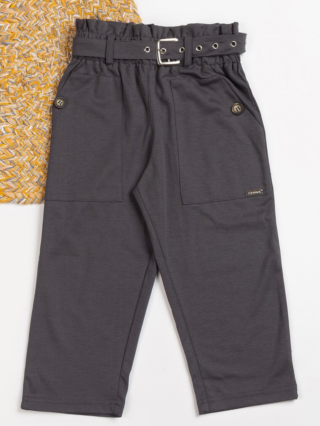 

PAMPOLINA Girls Regular Fit Cotton Mid-Rise Capris with Belt, Charcoal