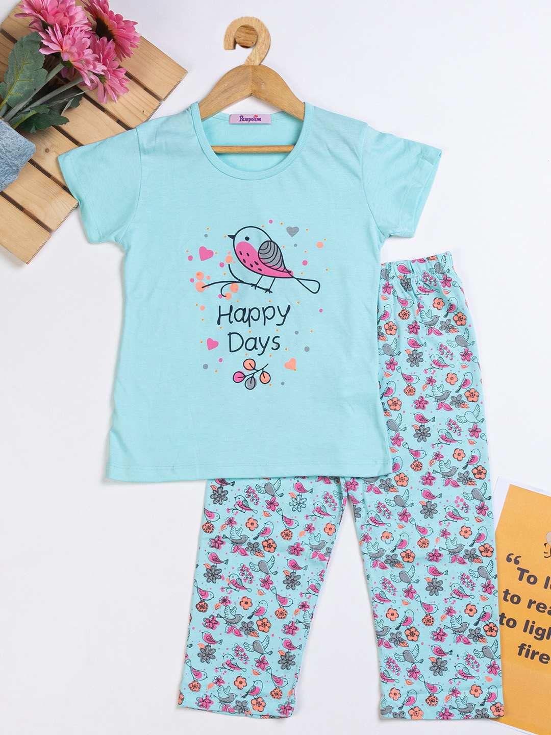 

PAMPOLINA Girls Floral Printed Night Suit, Blue