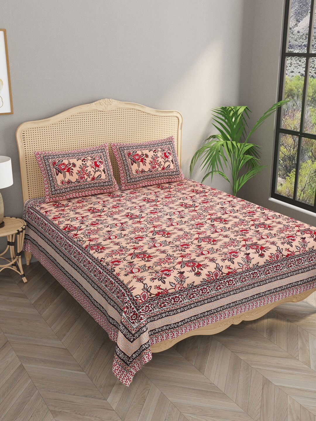 

Gulaab Jaipur Pink & Grey Floral Cotton Flat 400 TC King Bedsheet With 2 Pillow Covers