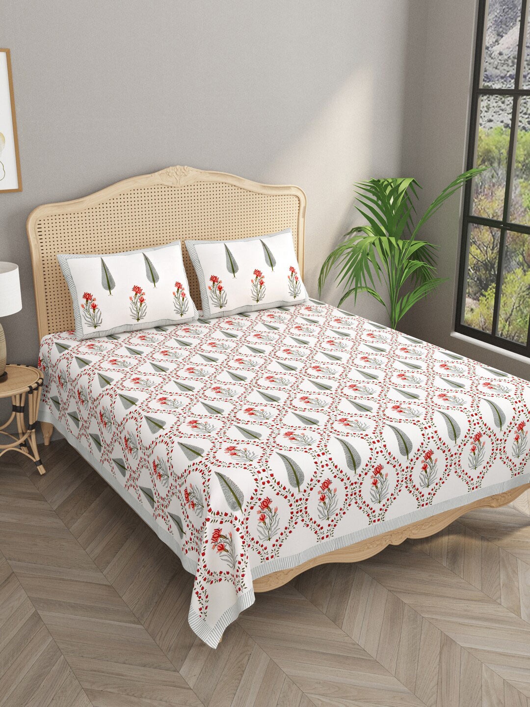 

Gulaab Jaipur White & Red Floral Cotton Flat 600 TC King Bedsheet With 2 Pillow Covers