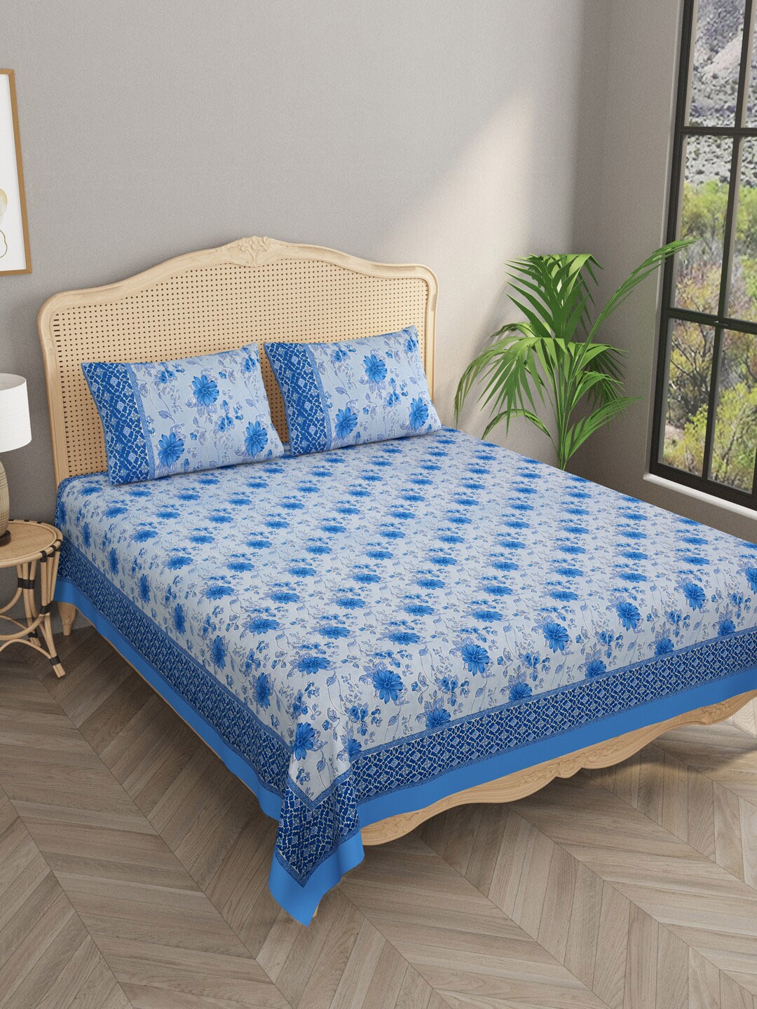 

Gulaab Jaipur Blue Floral Cotton Flat 600 TC King Bedsheet With 2 Pillow Covers
