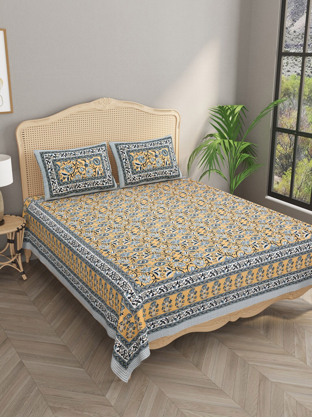 

Gulaab Jaipur Yellow & Grey Ethnic Motifs Cotton 400 TC King Bedsheet With 2 Pillow Covers