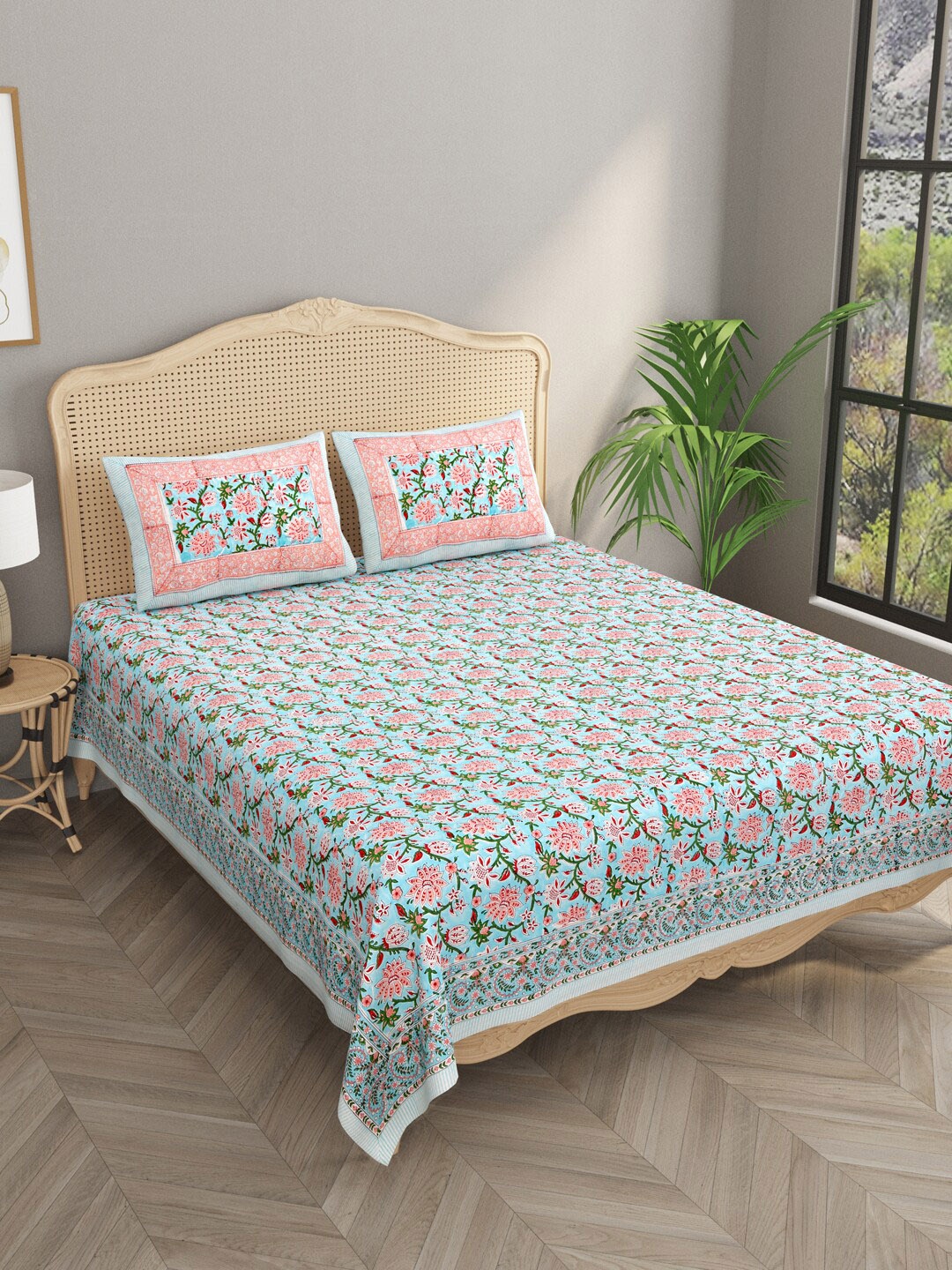

Gulaab Jaipur Blue & Red Floral 400 TC Cotton King Bedsheet with 2 Pillow Covers