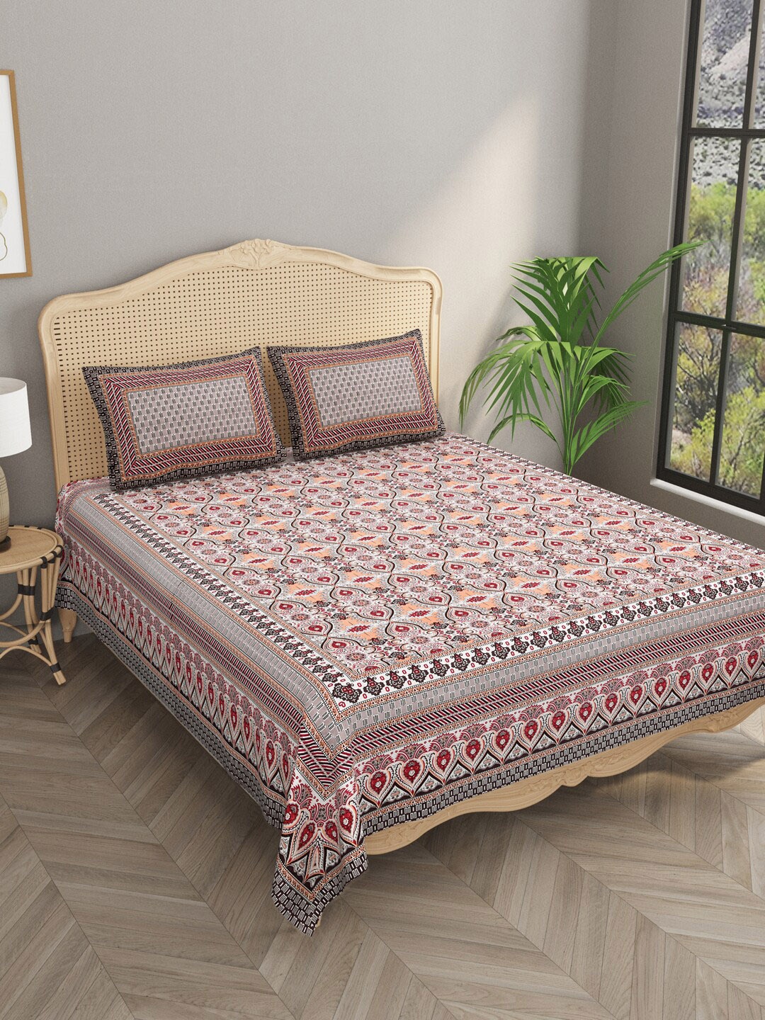 

Gulaab Jaipur Maroon Ethnic Motifs Cotton 400 TC King Bedsheet with 2 Pillow Covers