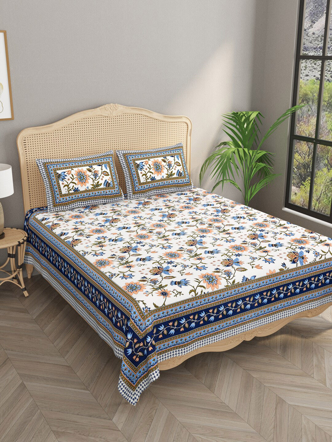 

Gulaab Jaipur Blue & White Floral 400 TC Cotton King Bedsheet with 2 Pillow Covers