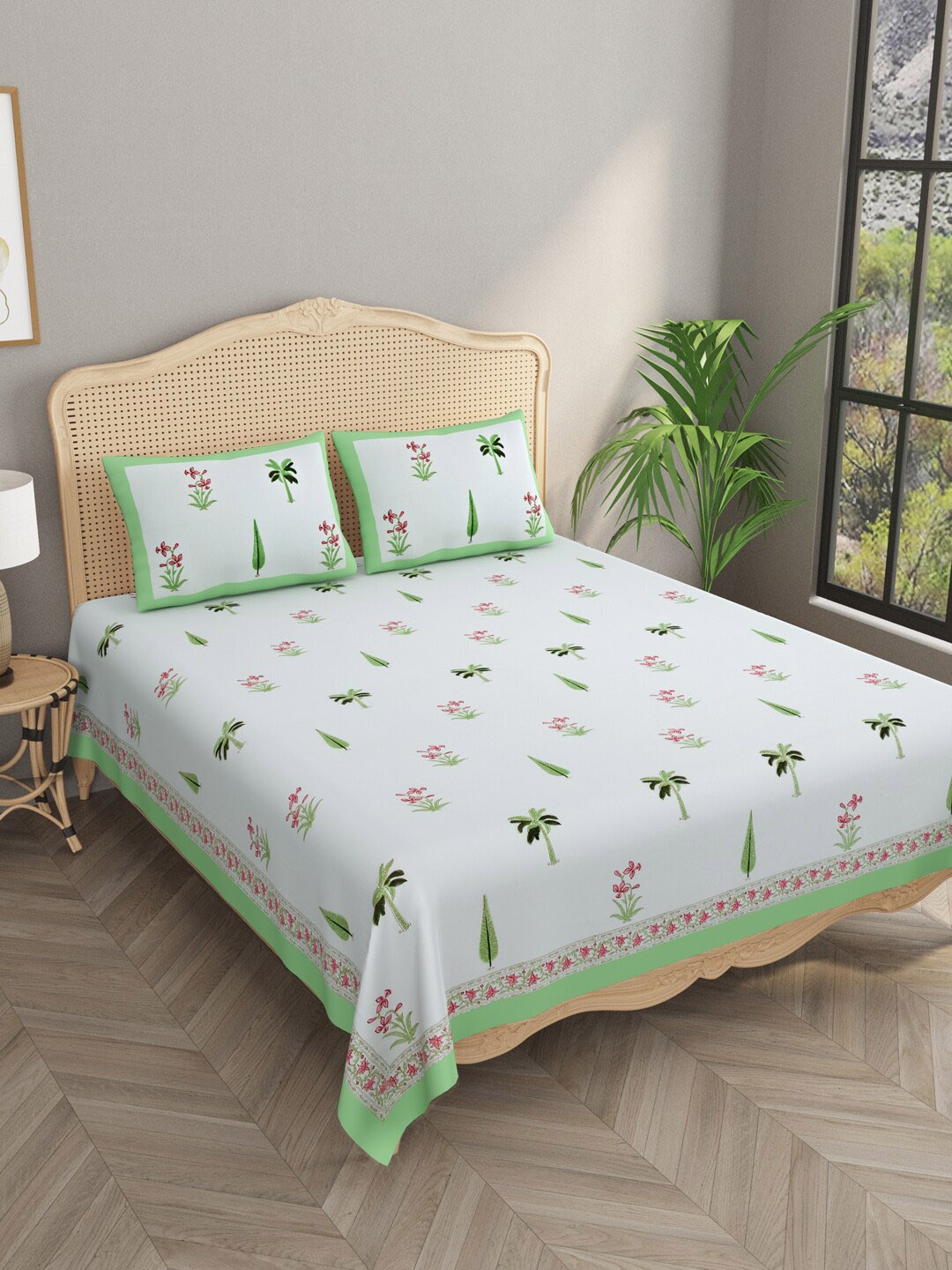 

Gulaab Jaipur Grey & Green Floral 600 TC Cotton King Bedsheet with 2 Pillow Covers
