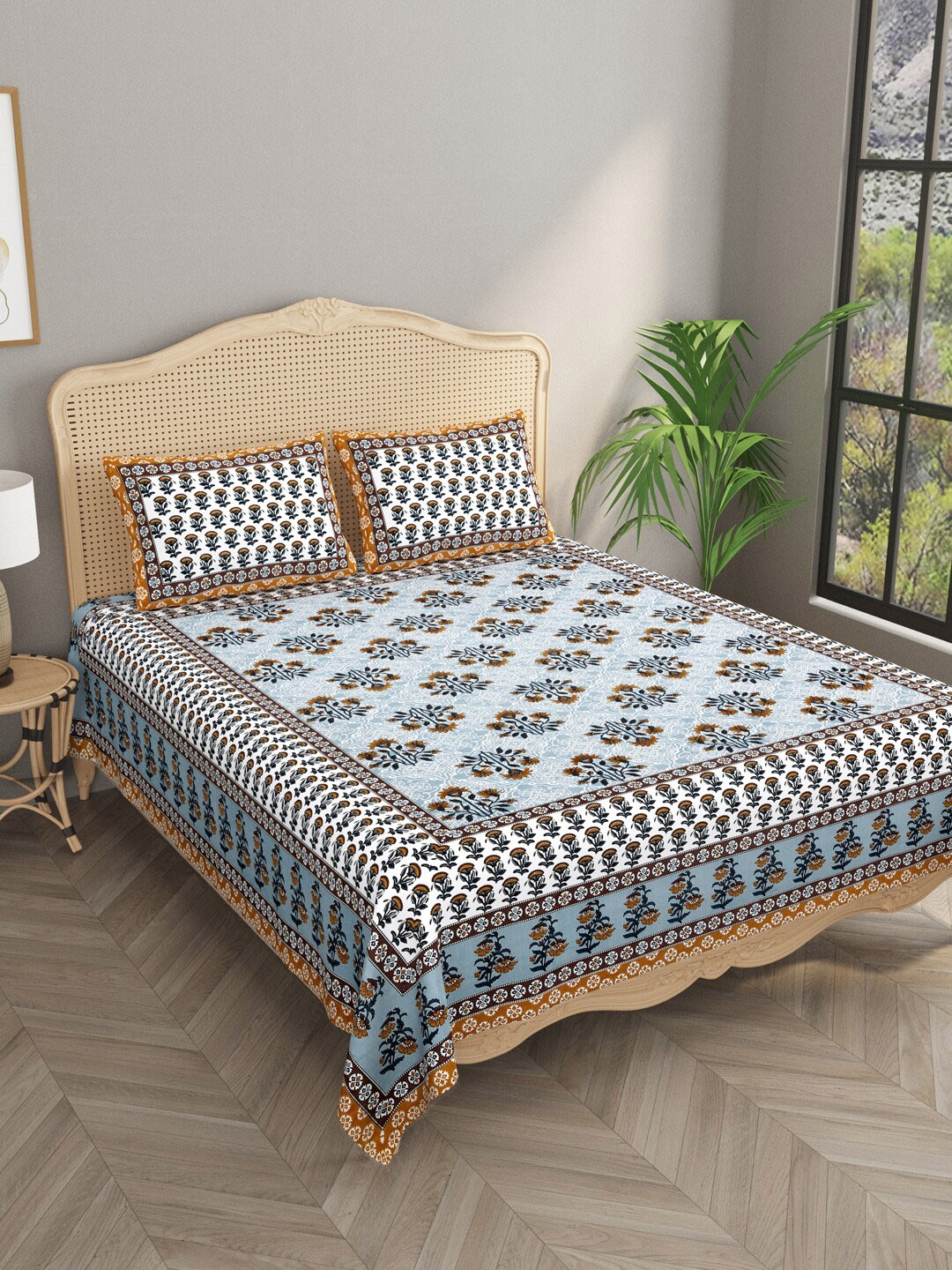 

Gulaab Jaipur Blue & Brown Floral 400 TC Cotton King Bedsheet with 2 Pillow Covers