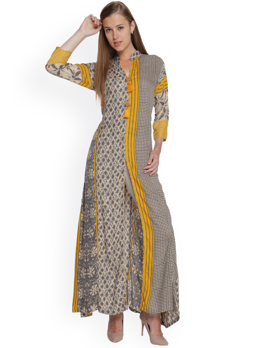 

shiloh Women Yellow & Grey Printed A-Line Kurta