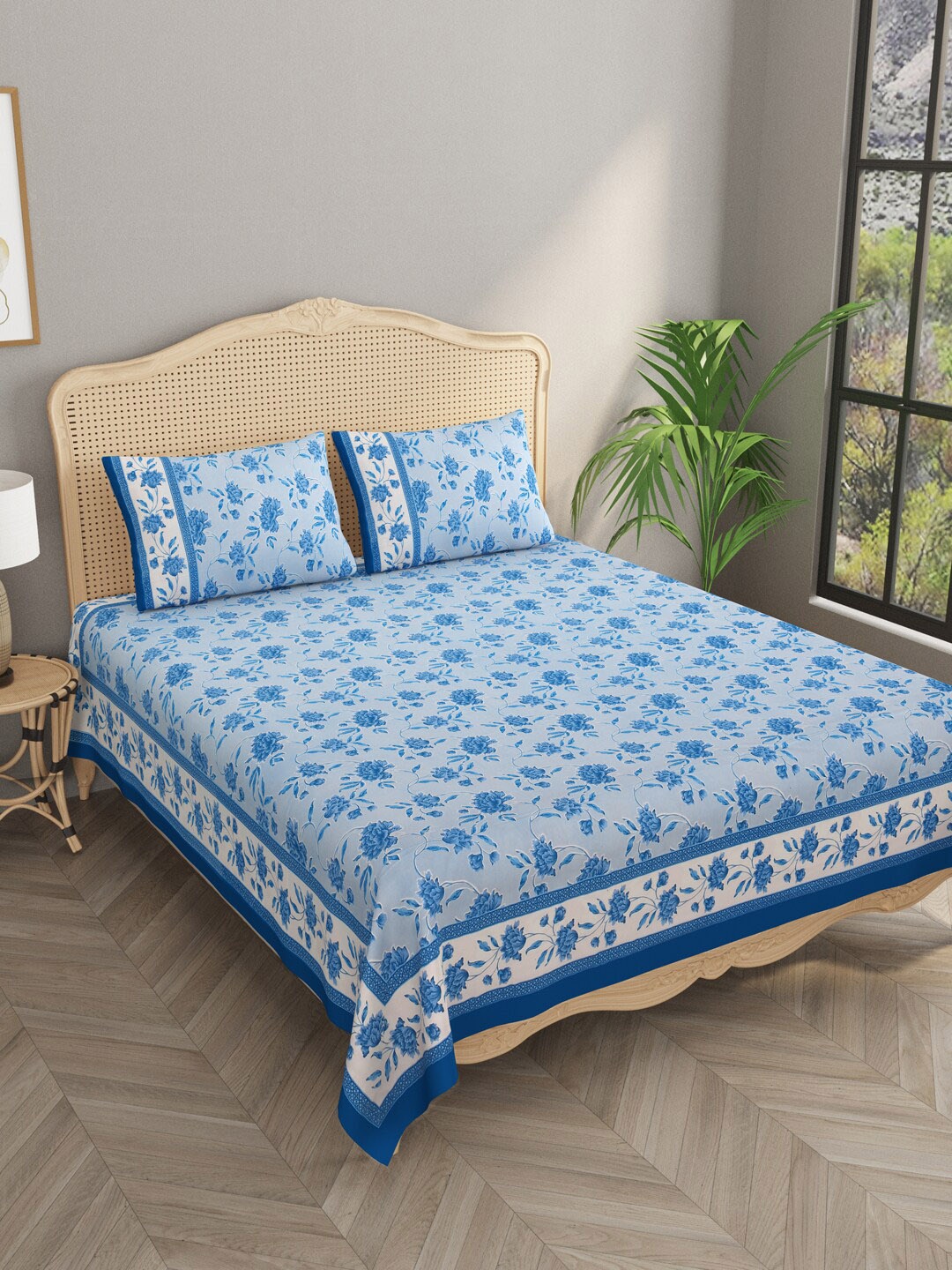 

Gulaab Jaipur Blue Floral 600 TC Cotton King Bedsheet with 2 Pillow Covers