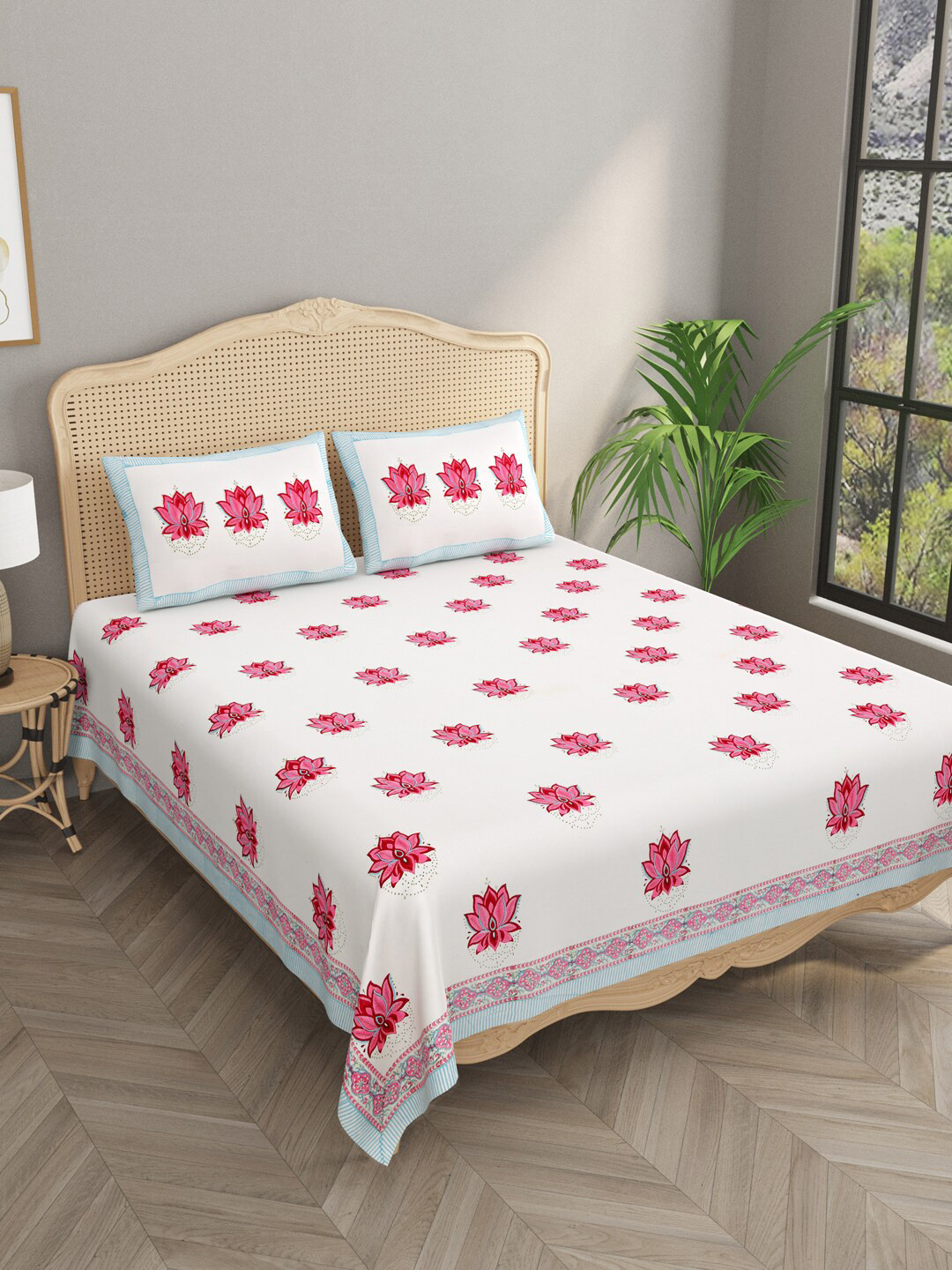 

Gulaab Jaipur White & Pink Floral 600 TC Cotton King Bedsheet with 2 Pillow Covers