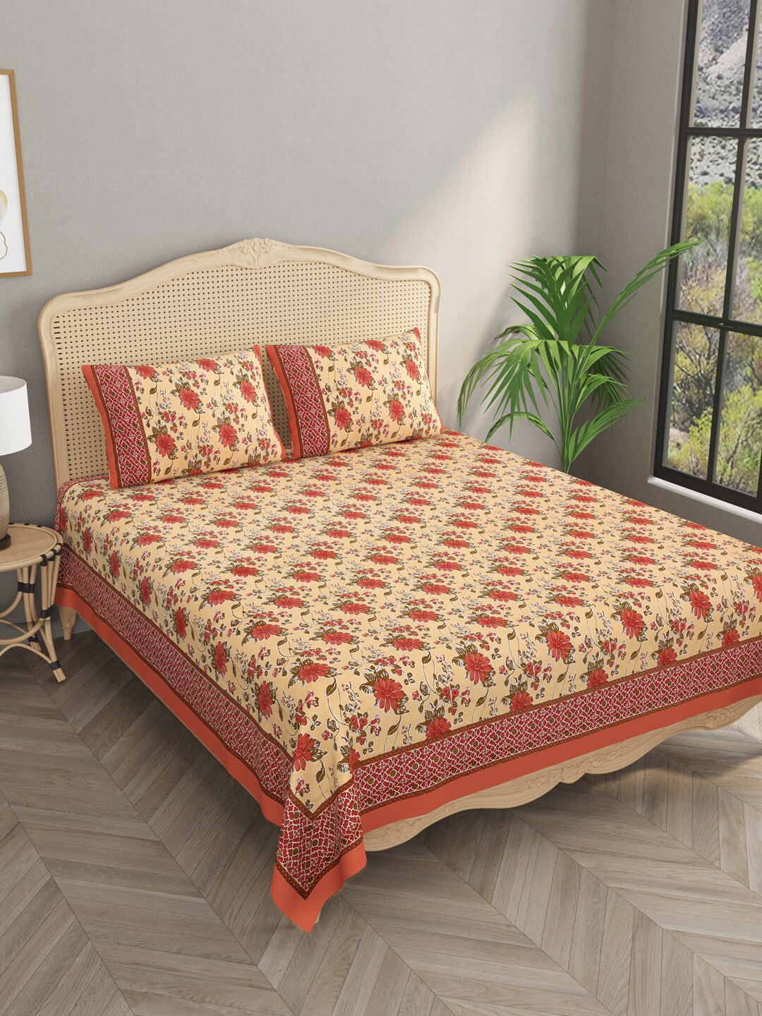

Gulaab Jaipur Orange & Green Floral 600 TC Cotton King Bedsheet with 2 Pillow Covers