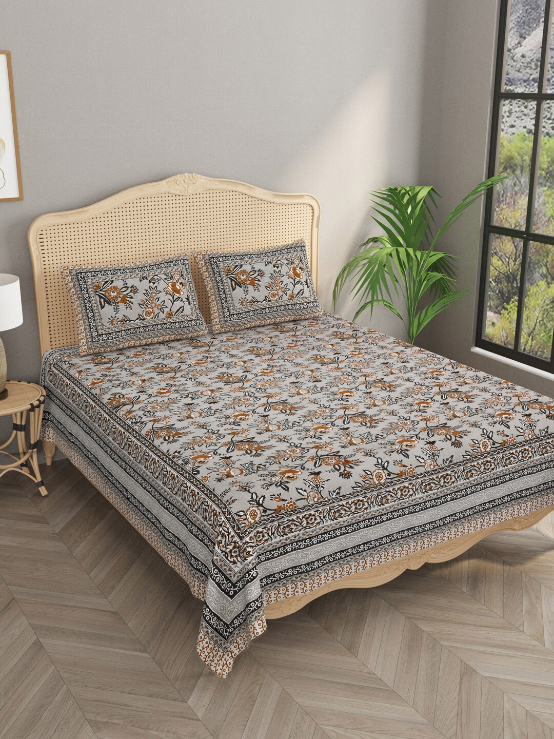 

Gulaab Jaipur Grey & Brown Floral 400 TC Cotton King Bedsheet with 2 Pillow Covers