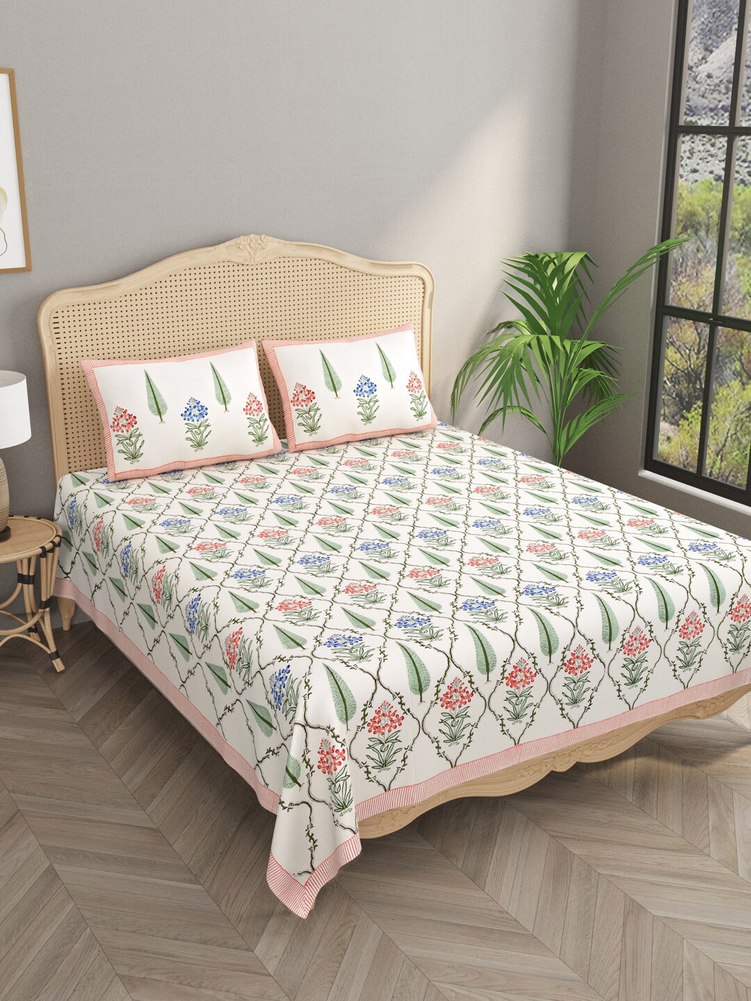 

Gulaab Jaipur White & Pink Ethnic Motifs 400 TC Cotton King Bedsheet with 2 Pillow Covers