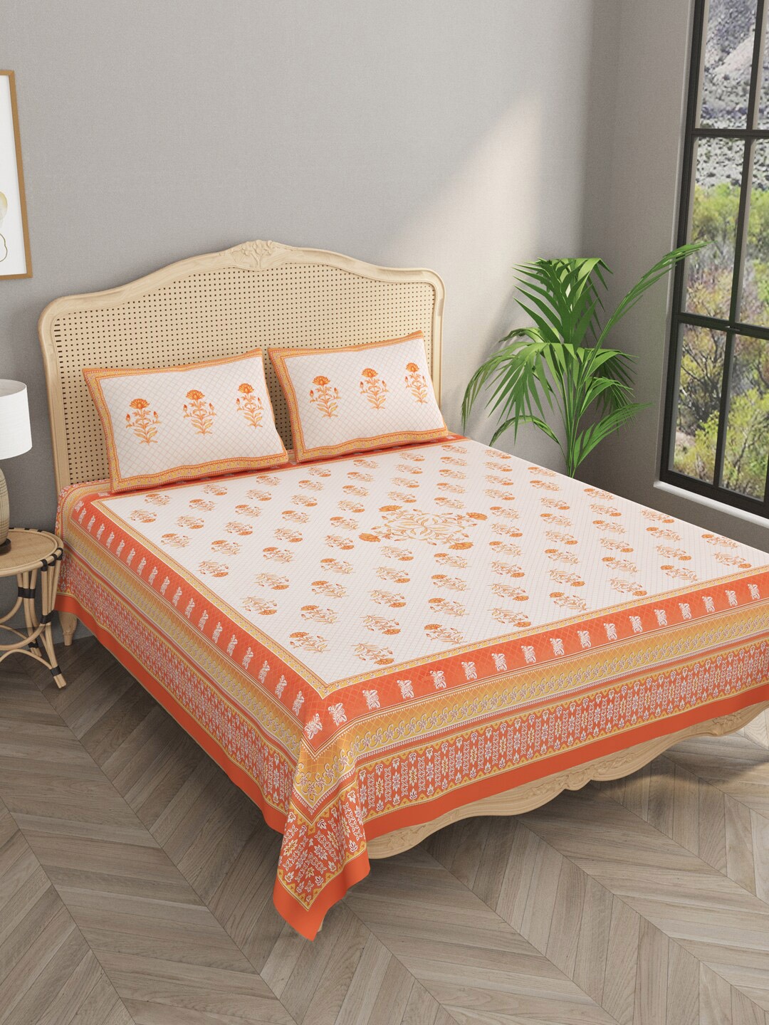 

Gulaab Jaipur Orange & White Printed Cotton Flat 600 TC King Bedsheet With 2 Pillow Covers