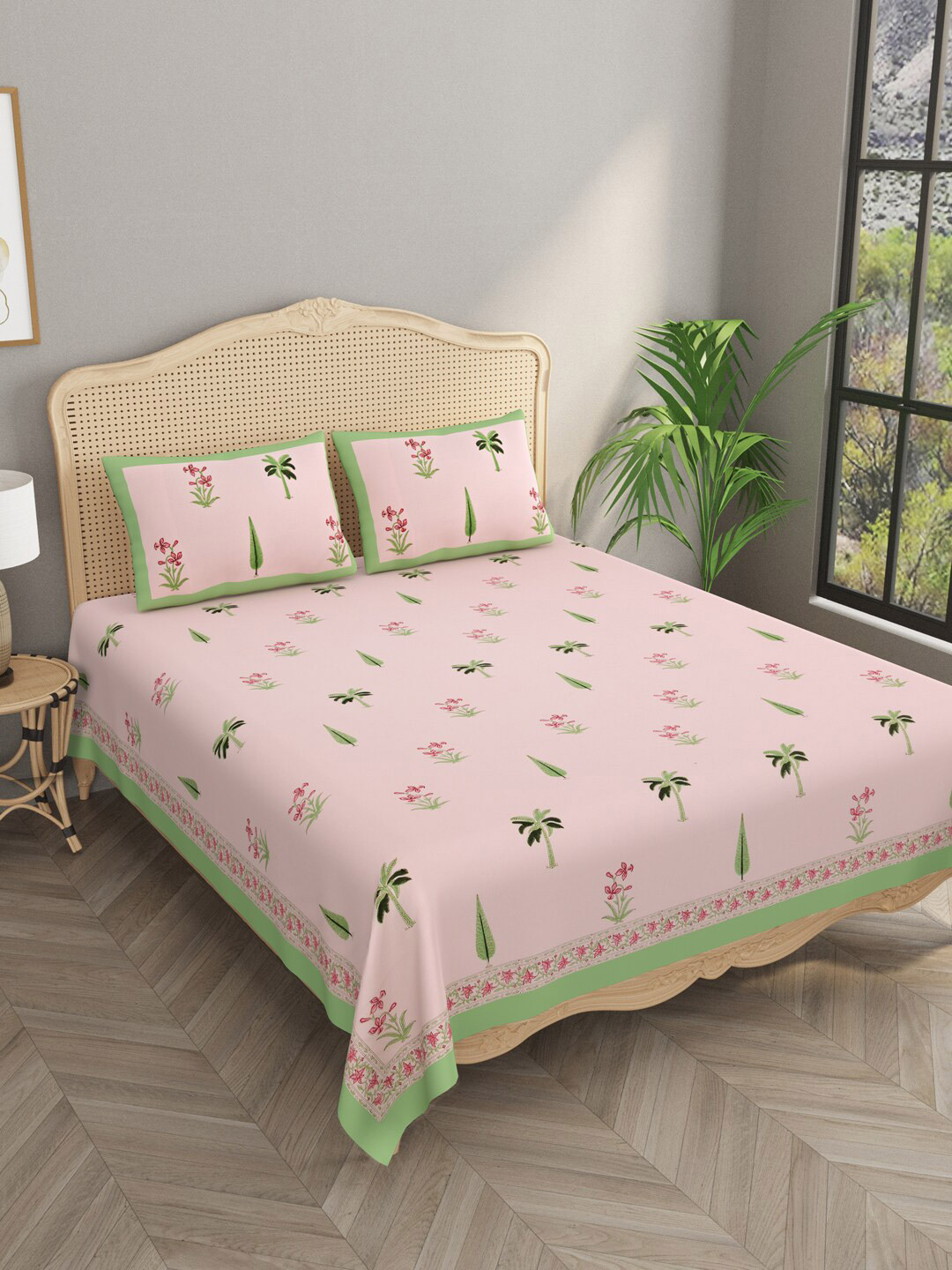 

Gulaab Jaipur Pink & Green Floral Cotton Flat 600 TC King Bedsheet With 2 Pillow Covers
